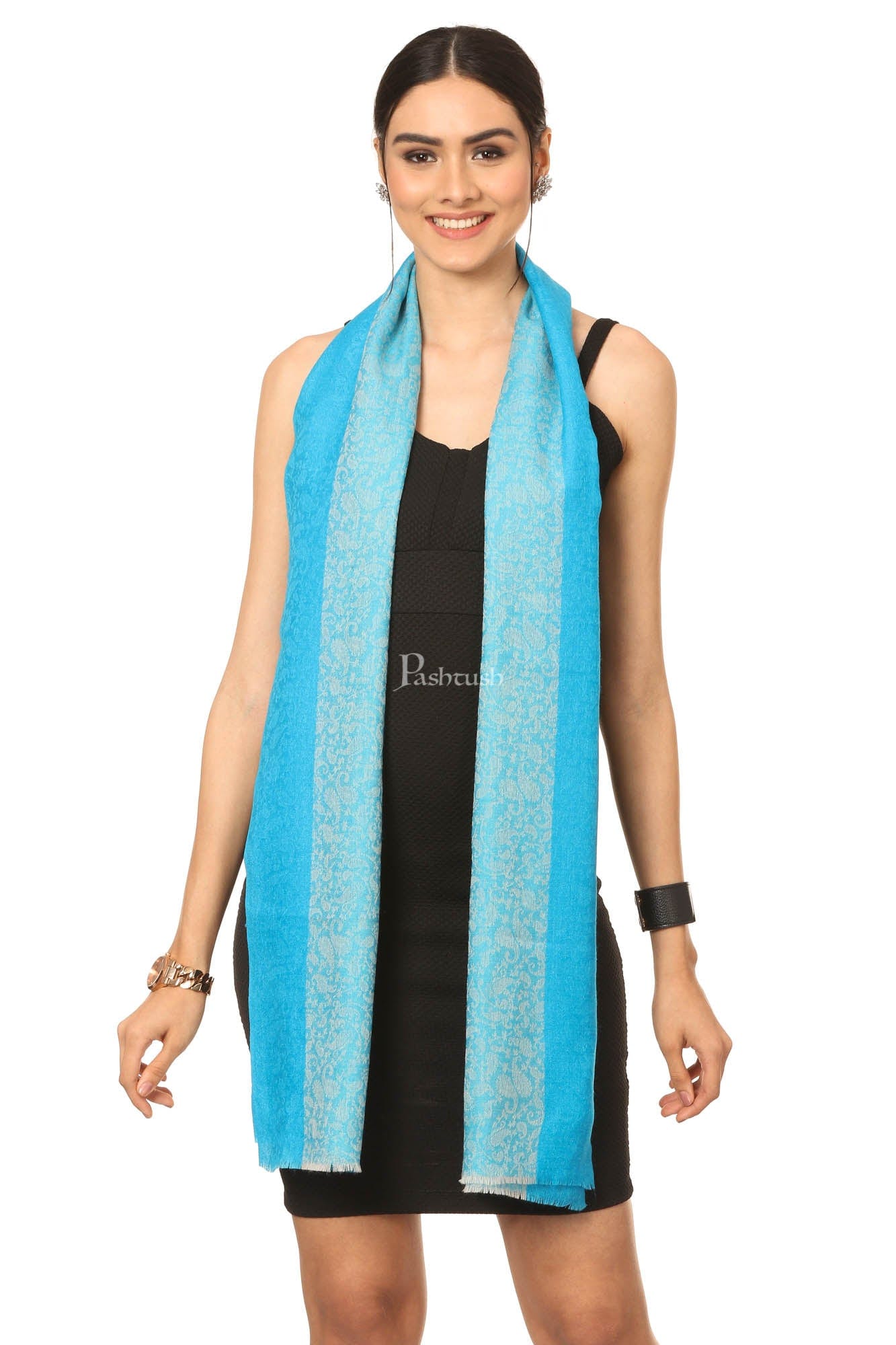 Pashtush India Womens Stoles and Scarves Scarf Pashtush Fine Wool Luxury Striped Design Scarf, Stole, Weaving Design - Ferozi