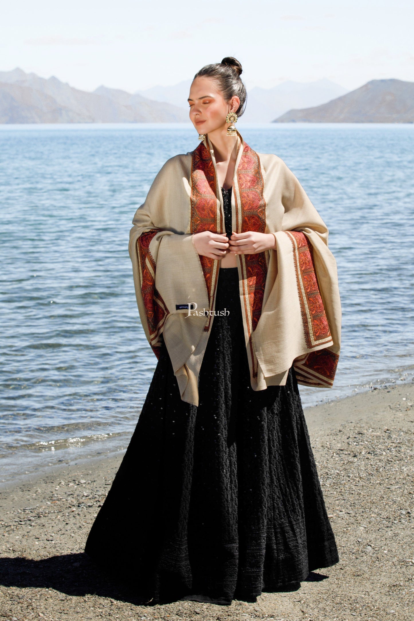 Pashtush India Womens Shawls Pashtush Fine Wool Shawl, Kashmiri Tilla Embroidery Border Design, Beige