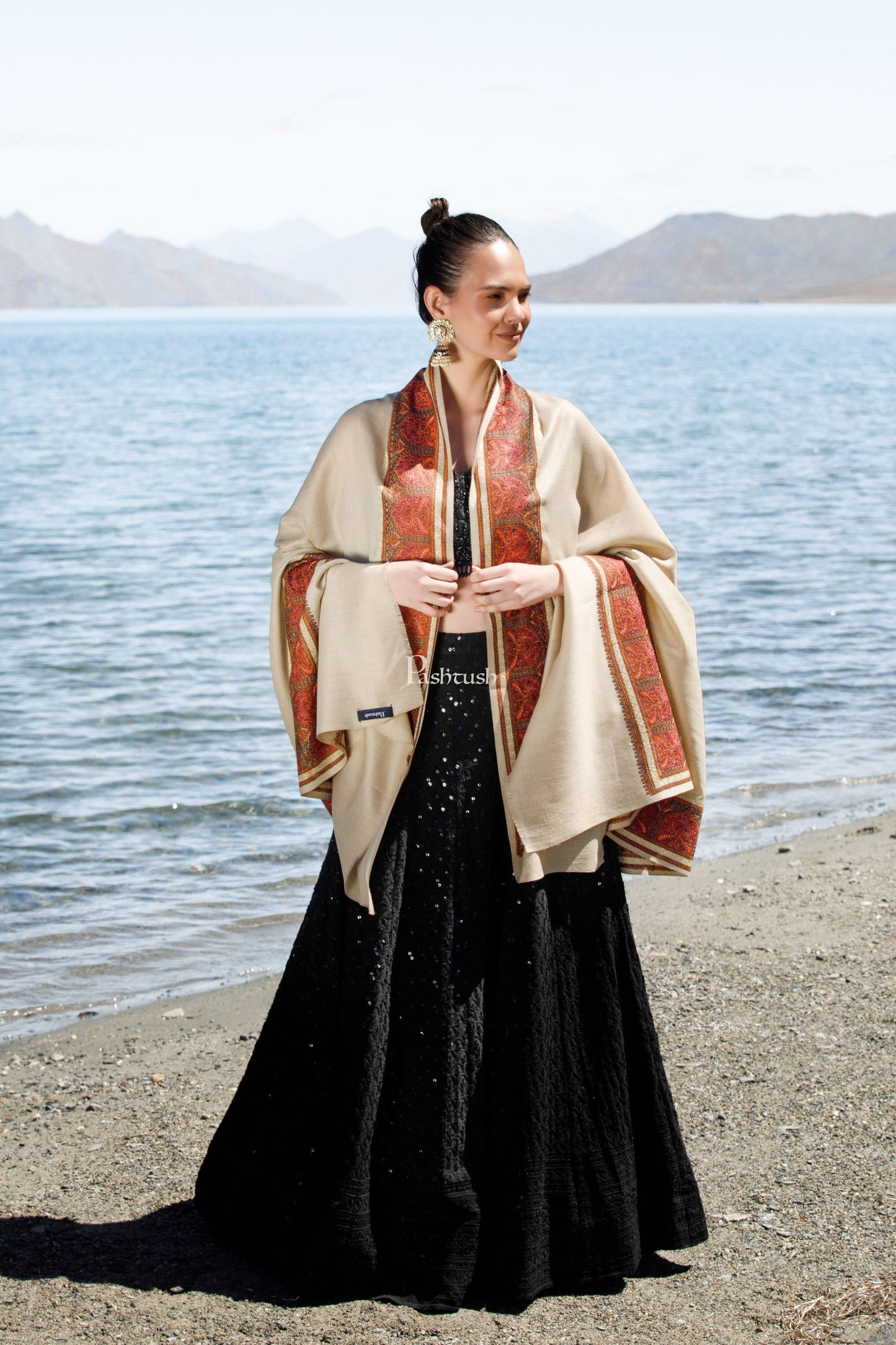 Pashtush India Womens Shawls Pashtush Fine Wool Shawl, Kashmiri Tilla Embroidery Border Design, Beige