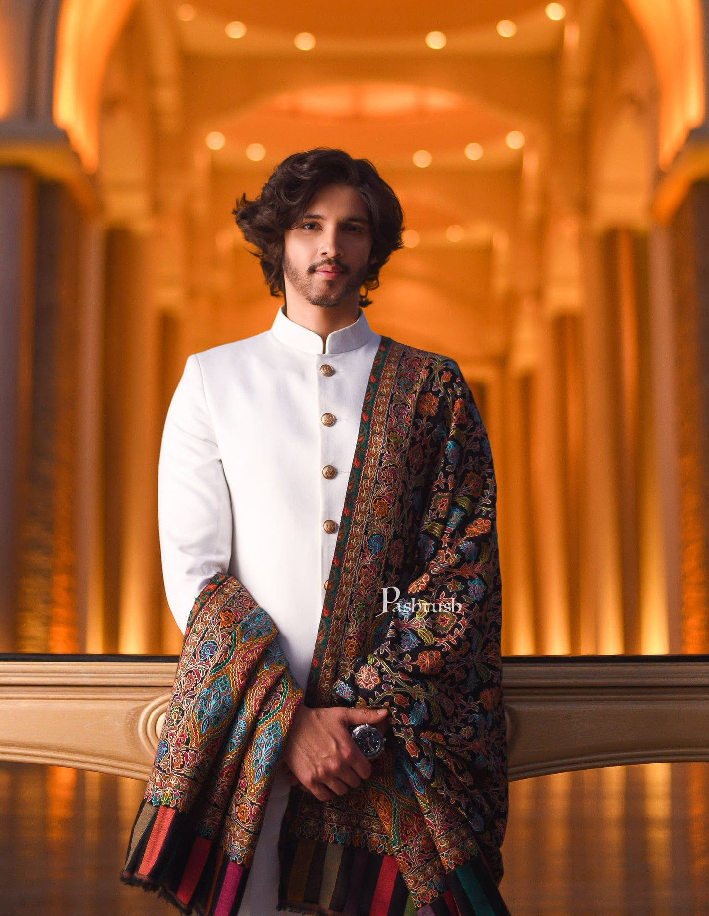 Pashtush India Mens Shawls Gents Shawl Pashtush Fine Wool Woven Ethnic Weave Kashmiri Nalki Outline Embroidered, Shawl, Black