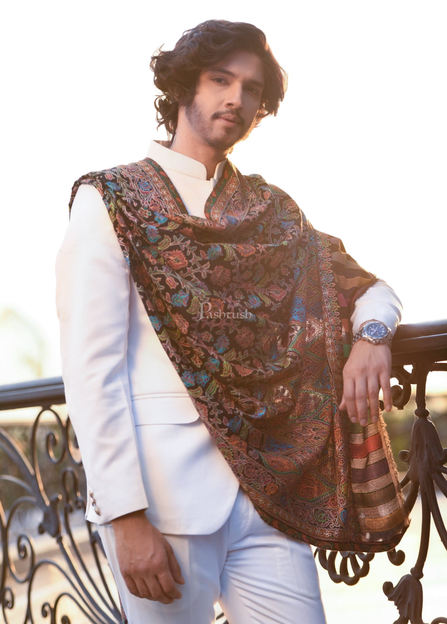Pashtush India Mens Shawls Gents Shawl Pashtush Fine Wool Woven Ethnic Weave Kashmiri Nalki Outline Embroidered, Shawl, Black
