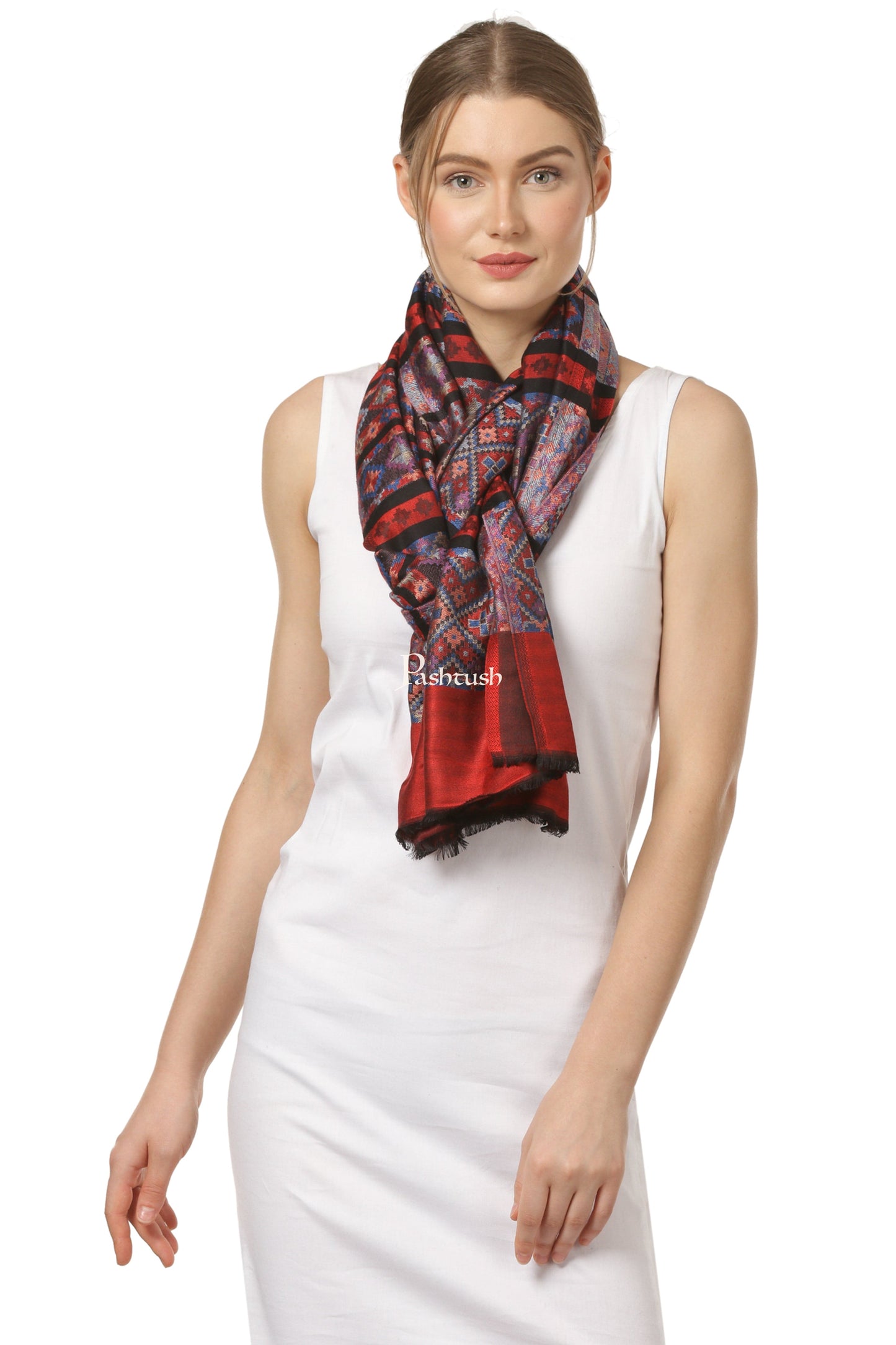 Pashtush India Gift Pack Pashtush His And Her Gift Set Of Bamboo Weave Stoles With Premium Gift Box Packaging, Blue and Red