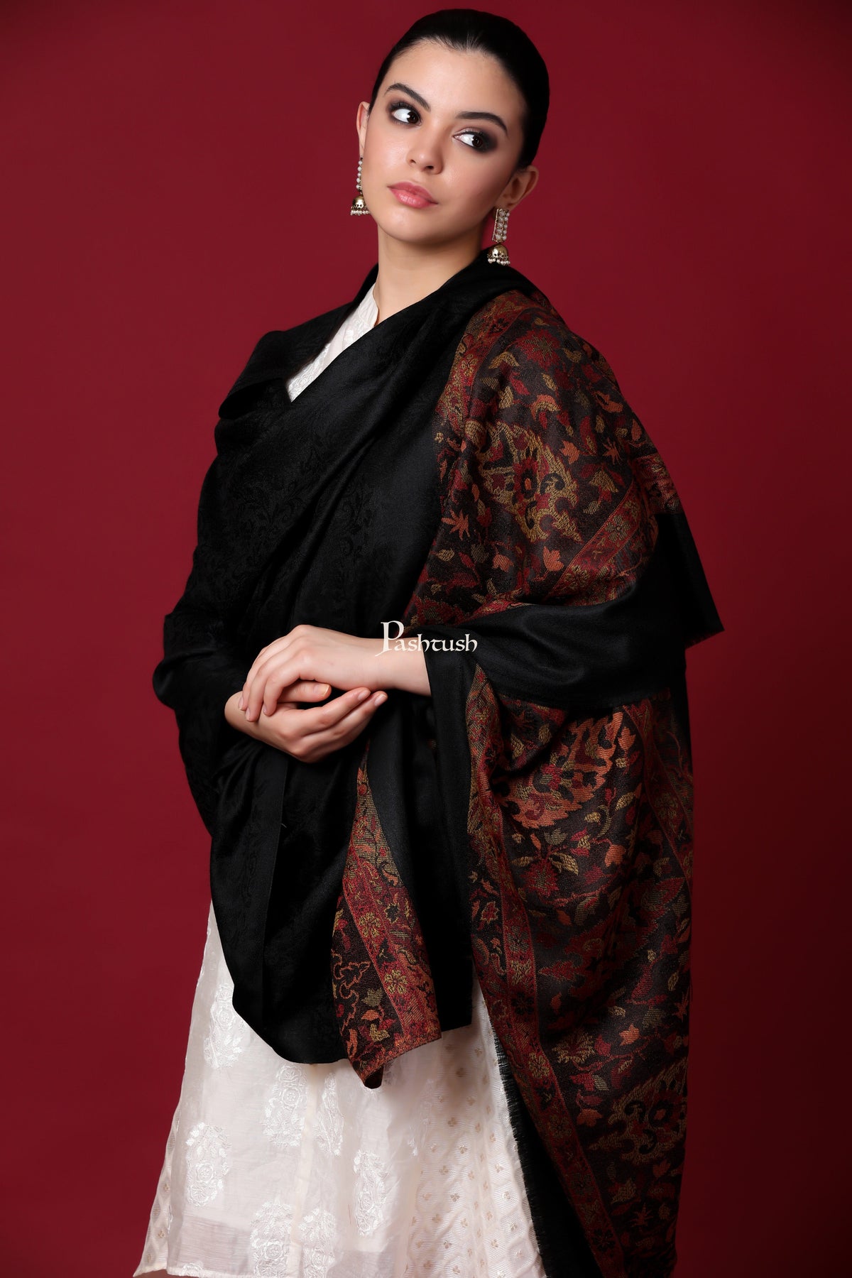 Pashtush India Gift Pack Pashtush His And Her Gift Set Of Check Stole and Ethnic Weave Palla Shawl With Premium Gift Box Packaging, Black