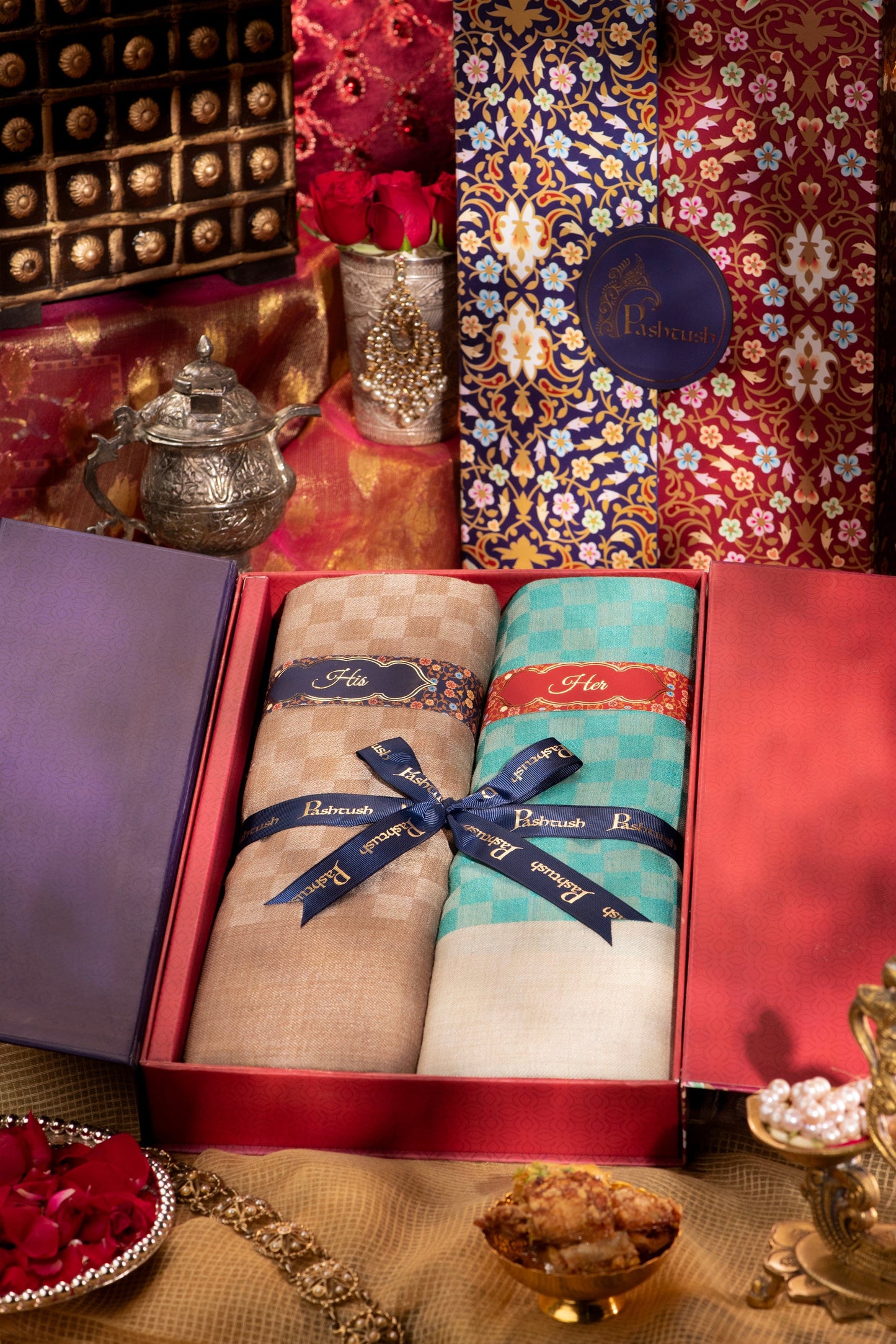 Pashtush India Gift Pack Pashtush His And Her Gift Set Of Check Stoles With Premium Gift Box Packaging, Beige and Sea Green