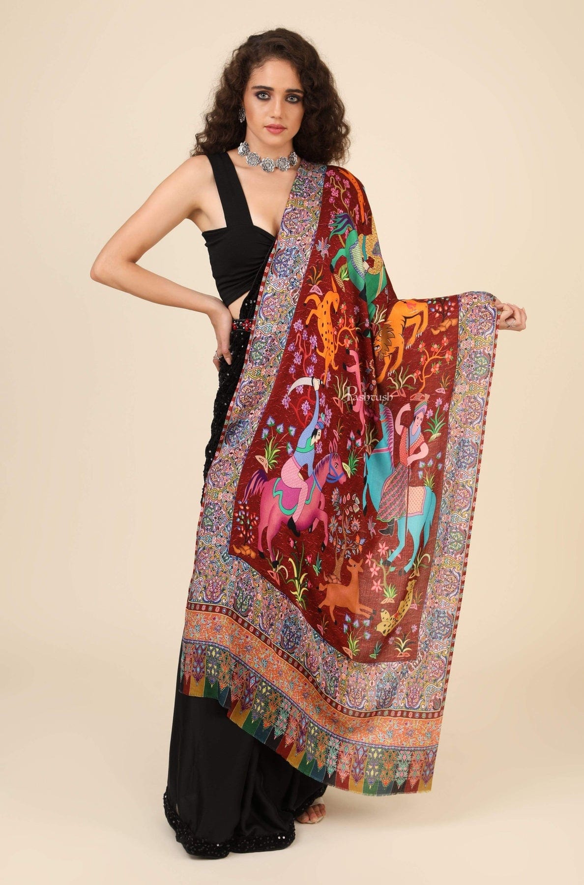 Pashtush India Gift Pack Pashtush His And Her Gift Set Of Checkered and Bamboo Printed Stoles With Premium Gift Box Packaging, Black and Multi color