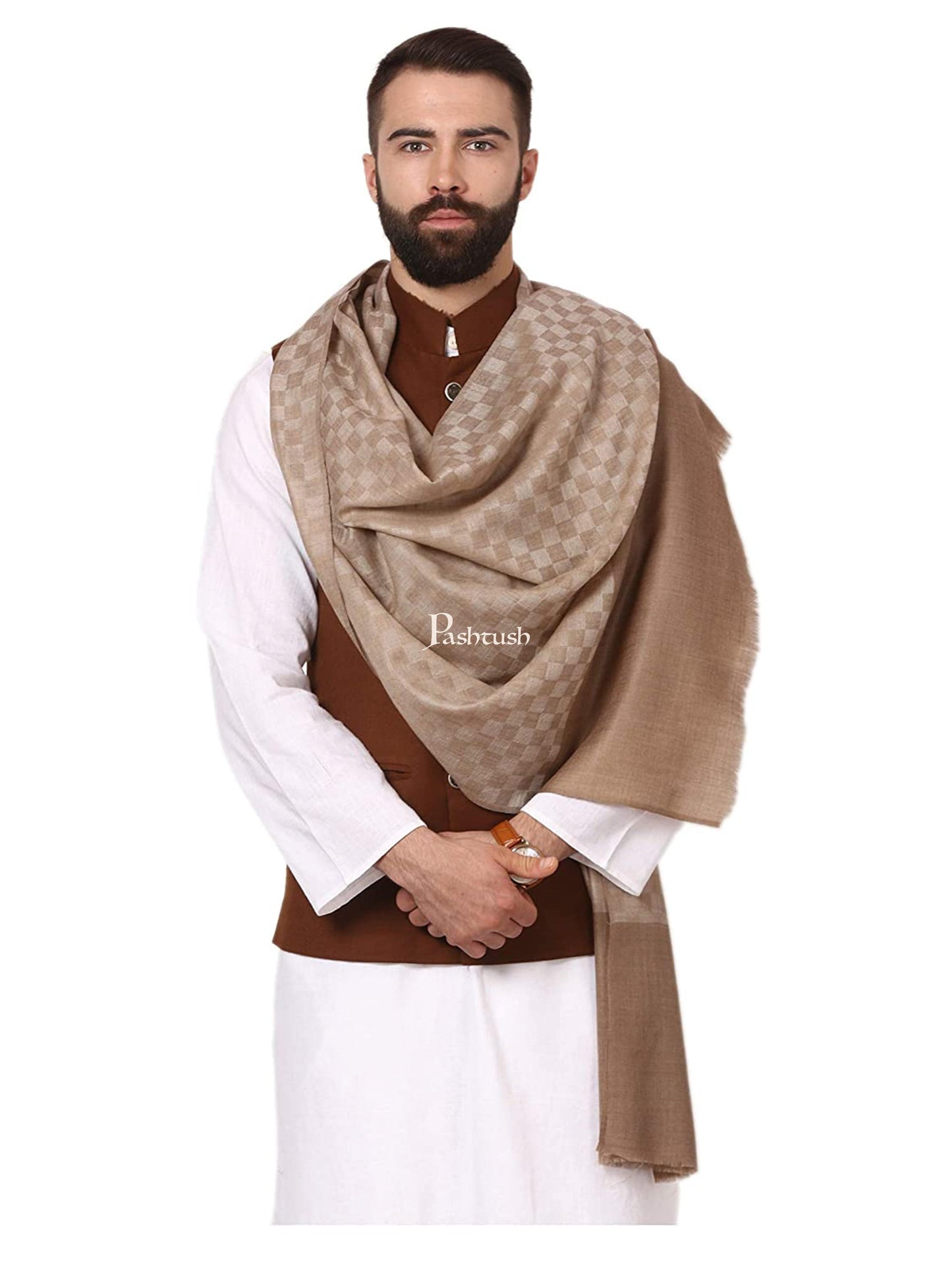 Pashtush India Gift Pack Pashtush His And Her Gift Set Of Checkered And Bamboo Printed Stoles With Premium Gift Box Packaging, Taupe And Multicolor