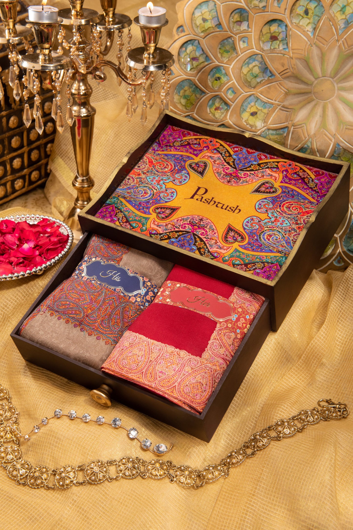 Pashtush India Gift Pack Pashtush His And Her Gift Set Of Fine Wool Daur Embroidery Shawl With Wooden Chester Box, Taupe and Red