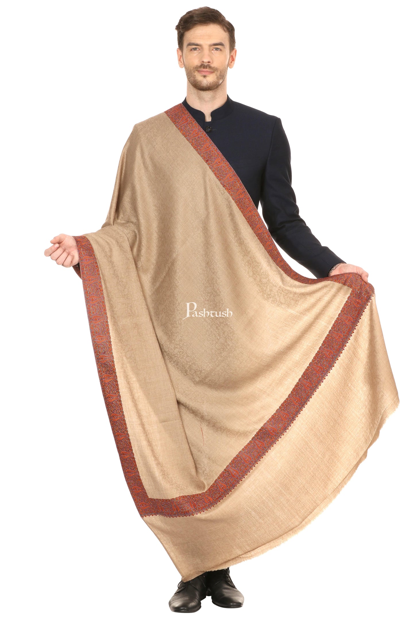 Pashtush India Gift Pack Pashtush His And Her Gift Set Of Fine Wool Daur Embroidery Shawl With Wooden Chester Box, Taupe and Red