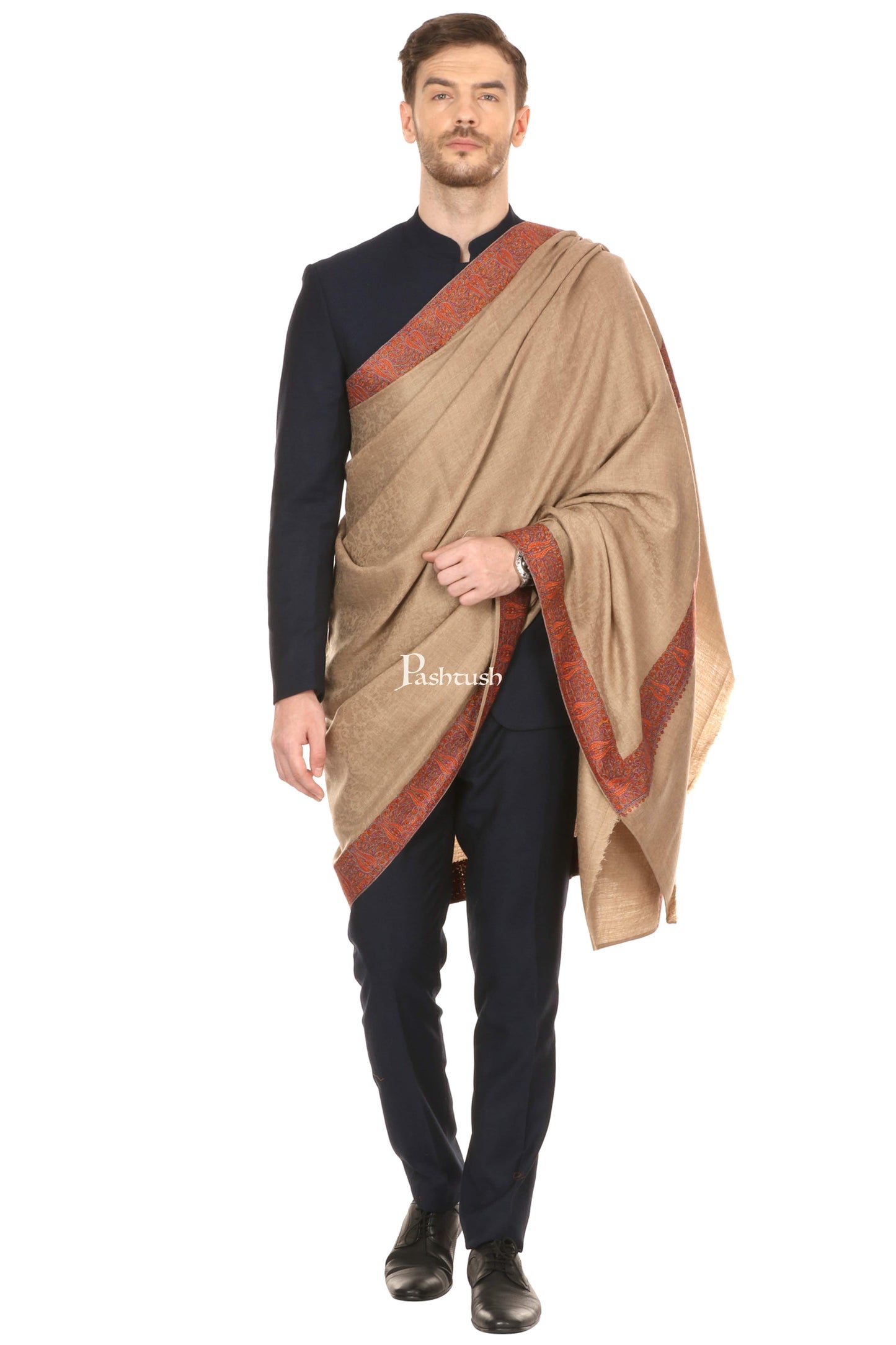 Pashtush India Gift Pack Pashtush His And Her Gift Set Of Fine Wool Daur Embroidery Shawl With Wooden Chester Box, Taupe and Red