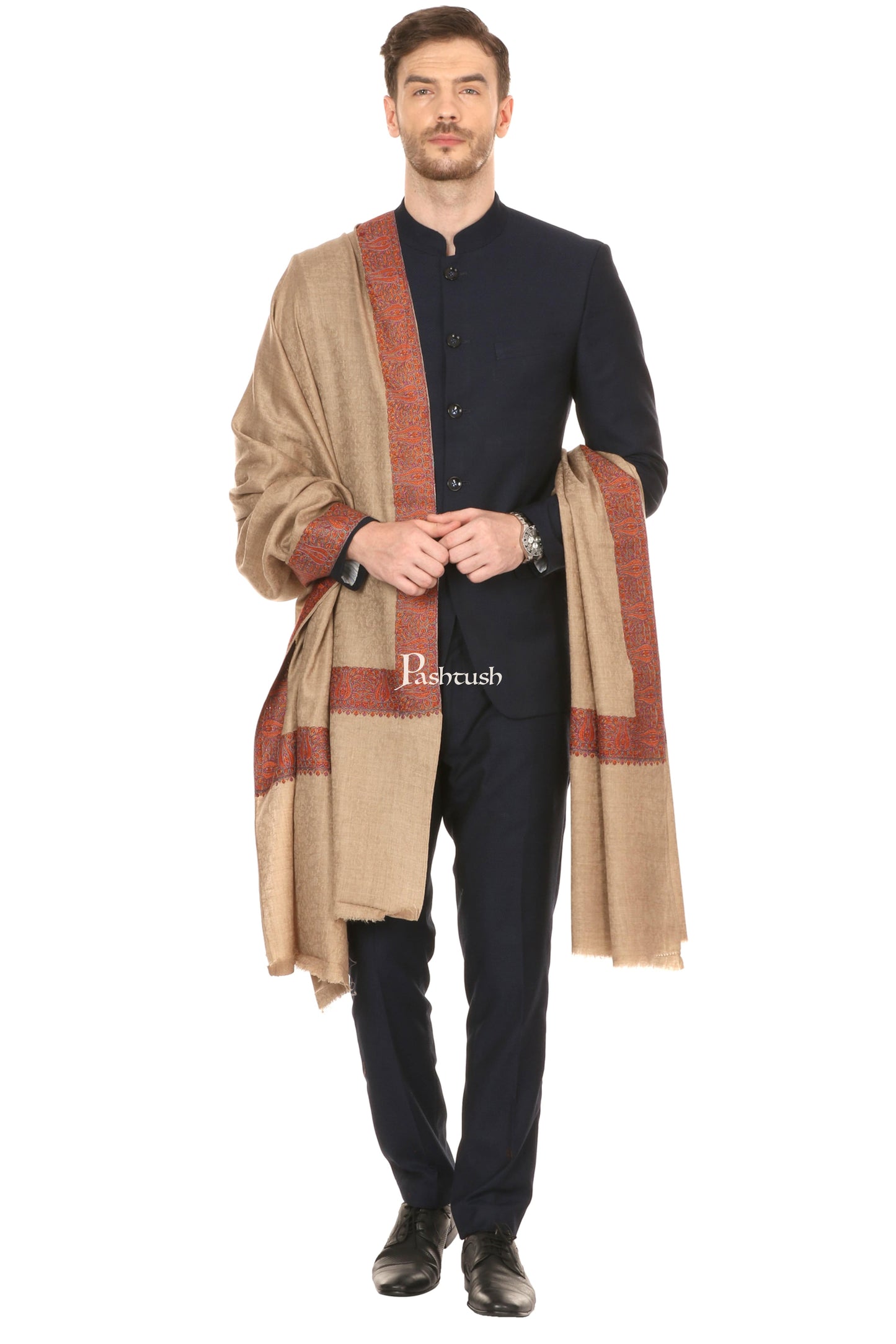 Pashtush India Gift Pack Pashtush His And Her Gift Set Of Fine Wool Daur Embroidery Shawl With Wooden Chester Box, Taupe and Red