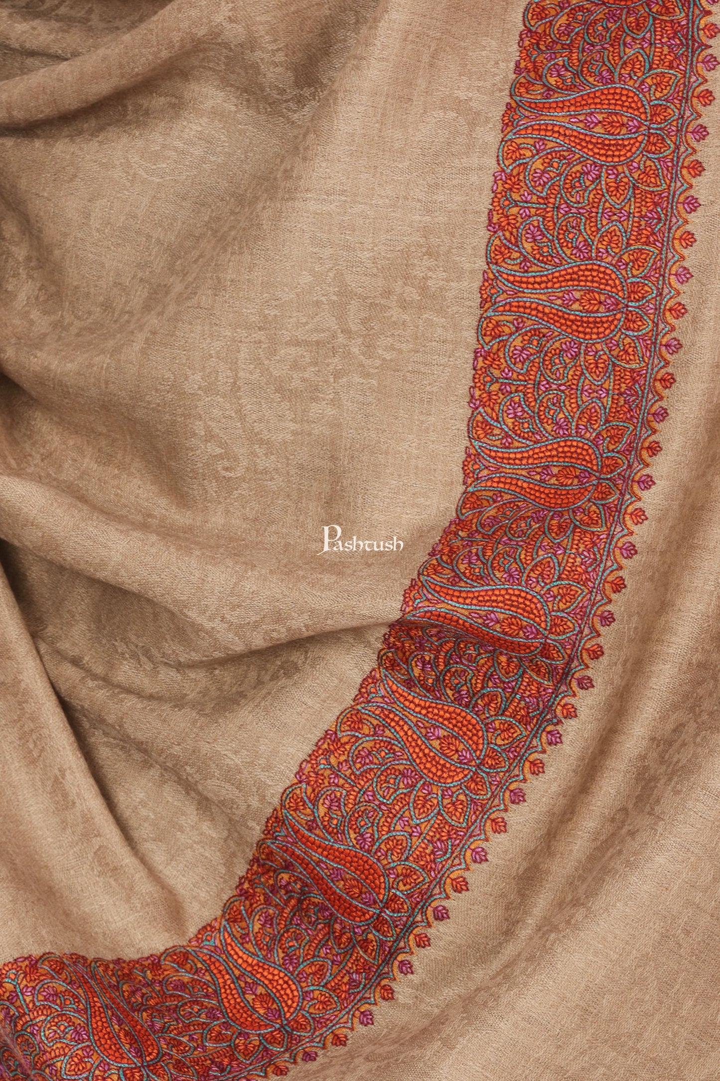 Pashtush India Gift Pack Pashtush His And Her Gift Set Of Fine Wool Daur Embroidery Shawl With Wooden Chester Box, Taupe and Red