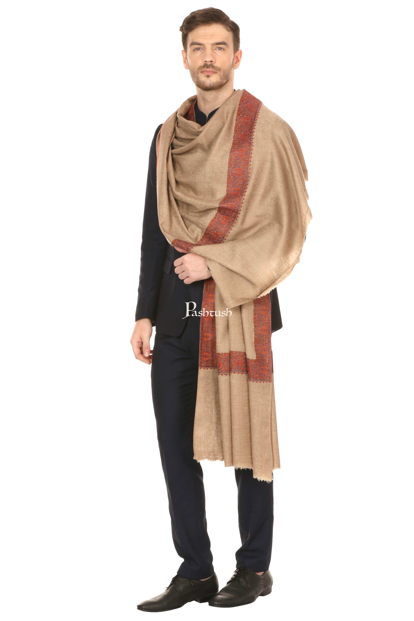 Pashtush India Gift Pack Pashtush His And Her Gift Set Of Fine Wool Daur Embroidery Shawl With Wooden Chester Box, Taupe and Red
