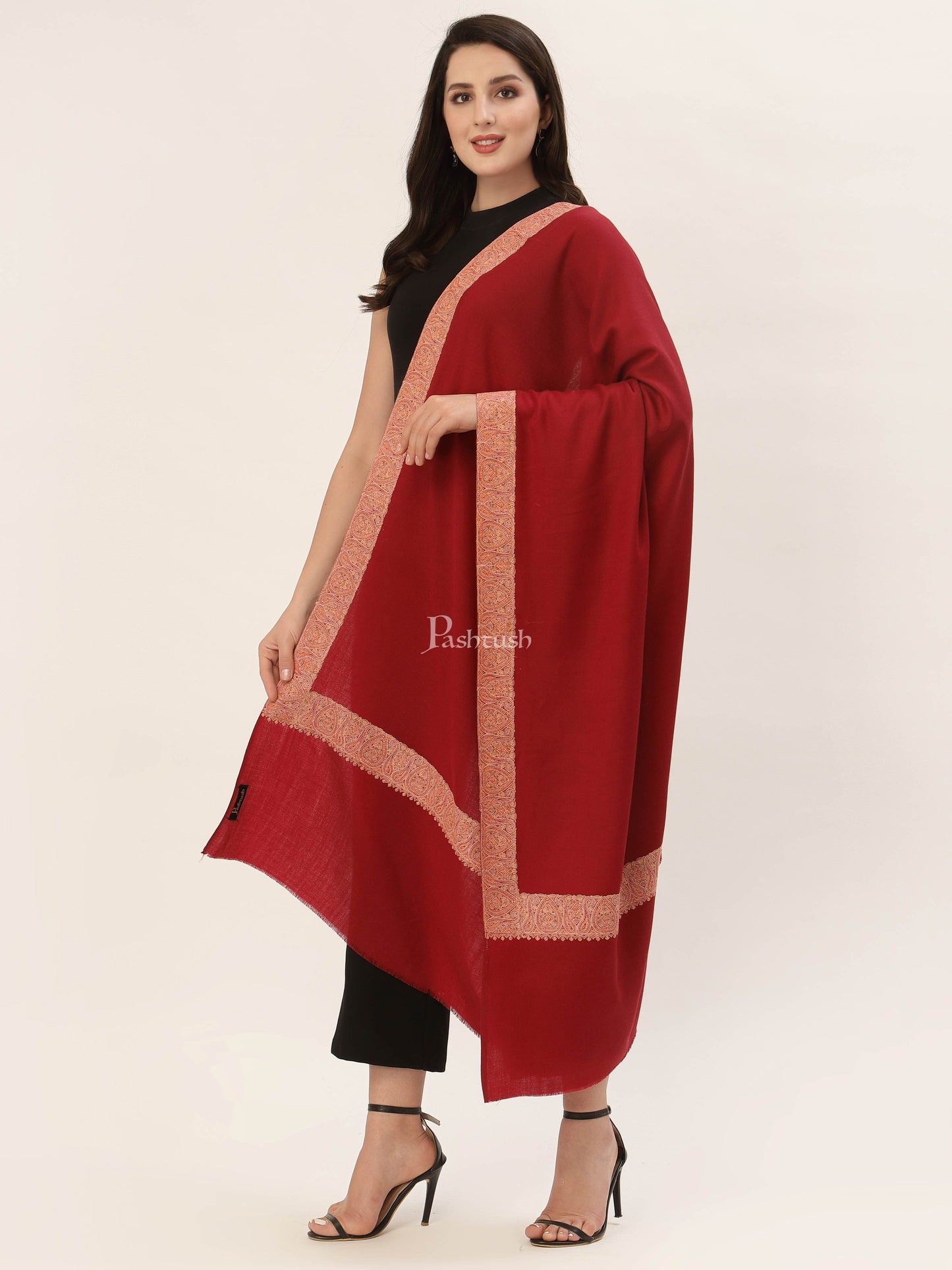 Pashtush India Gift Pack Pashtush His And Her Gift Set Of Fine Wool Daur Embroidery Shawl With Wooden Chester Box, Taupe and Red