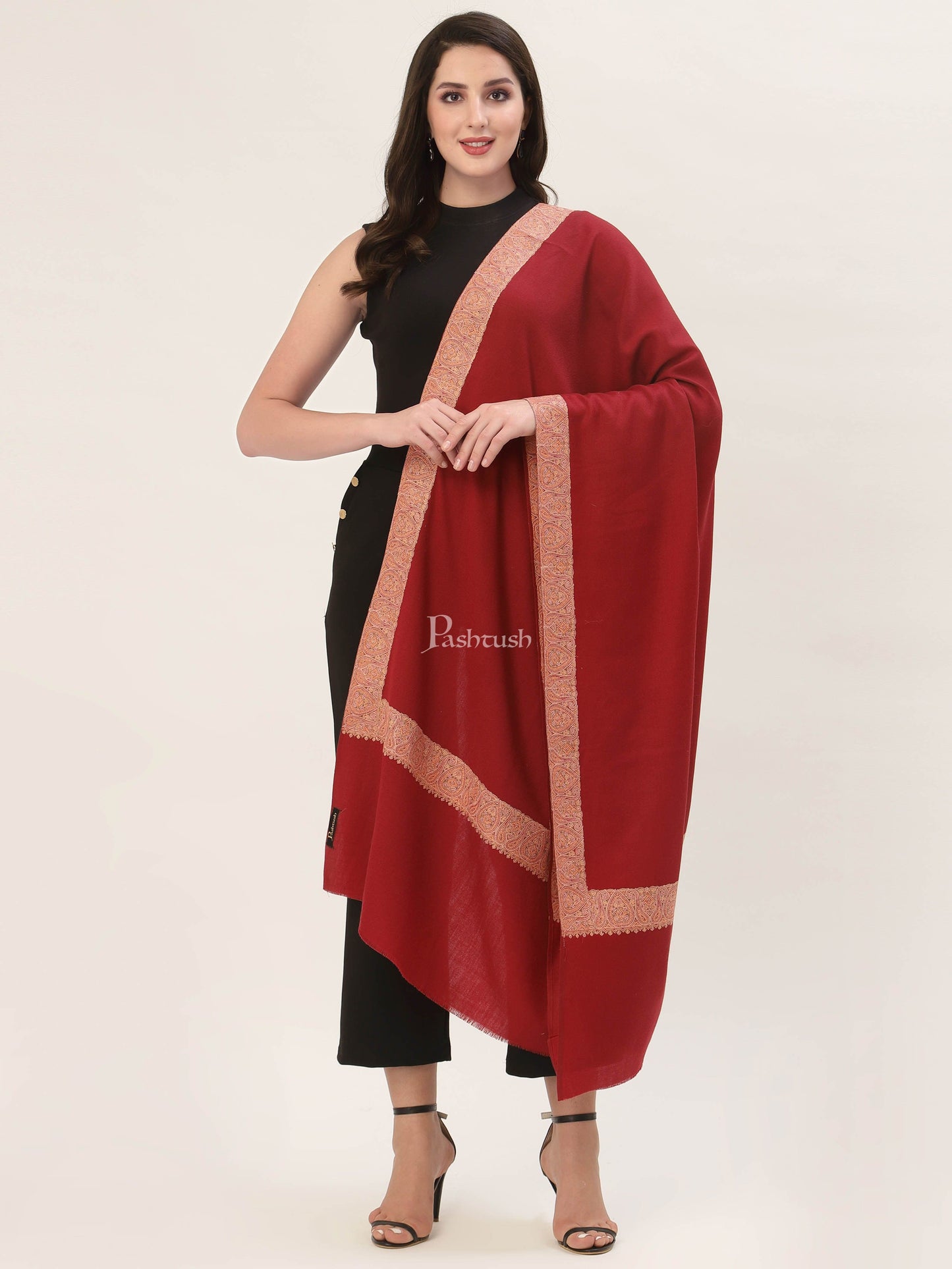 Pashtush India Gift Pack Pashtush His And Her Gift Set Of Fine Wool Daur Embroidery Shawl With Wooden Chester Box, Taupe and Red
