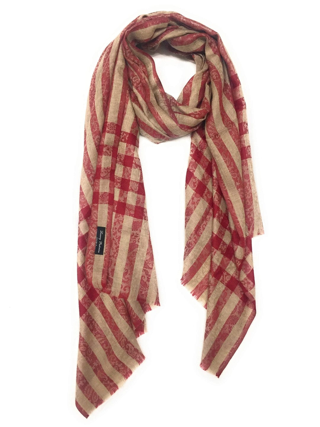 Pashtush India Gift Pack Pashtush His And Her Gift Set Of Fine Wool Embroidery Stole and Checkerd Stole With Premium Gift Box Packaging, Beige and Red