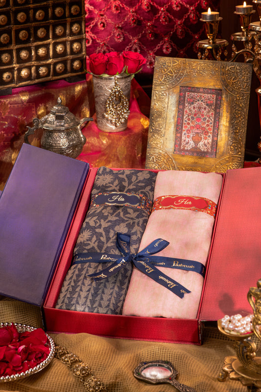 Pashtush India Gift Pack Pashtush His And Her Gift Set Of Fine Wool Floral Design Self Stoles With Premium Gift Box Packaging, Navy Blue and Powder Pink