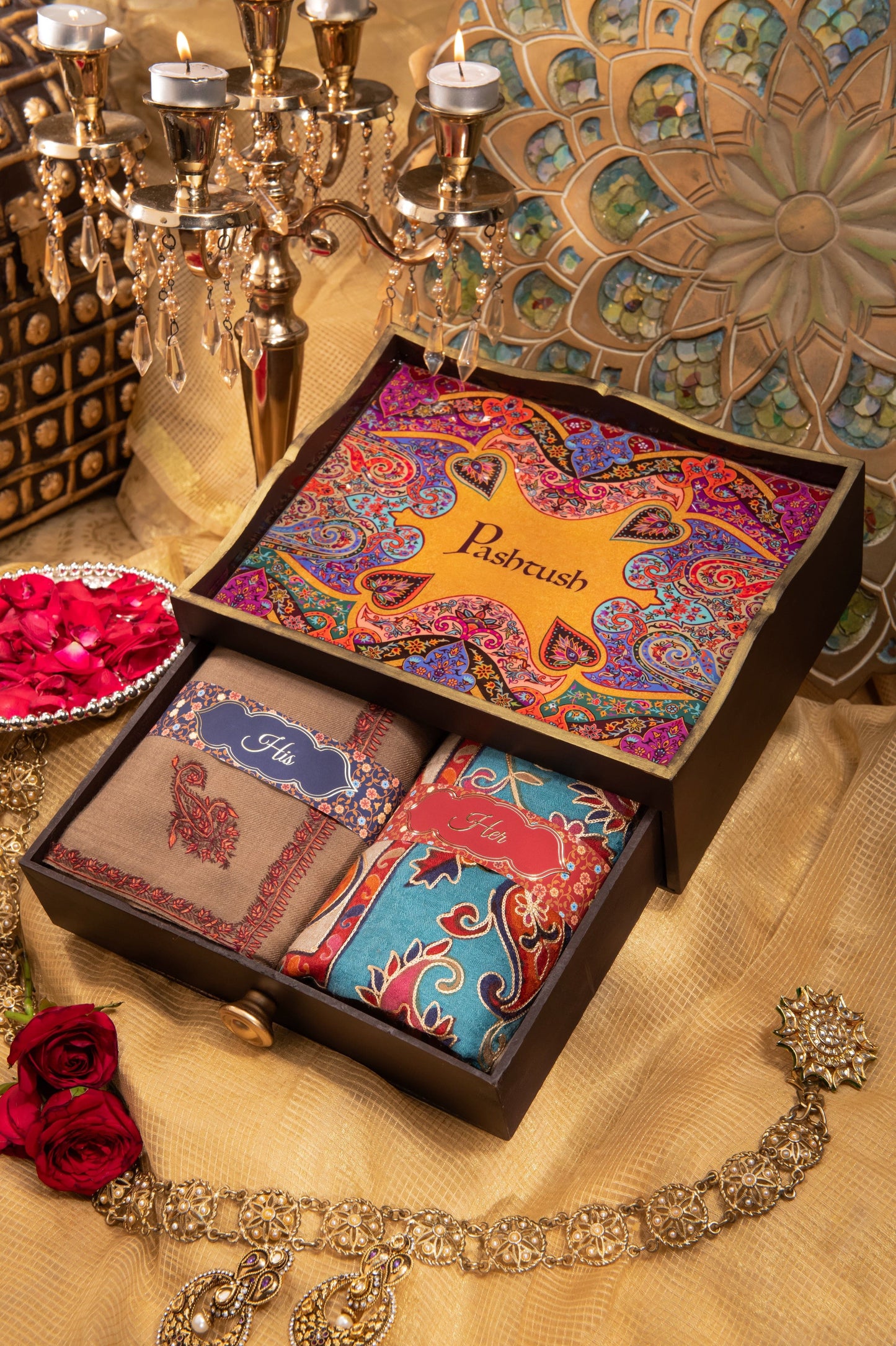 Pashtush India Gift Pack Pashtush His And Her Gift Set Of Fine Wool Hand Embroidery Shawls With Wooden Chester Box, Beige and Multicolour