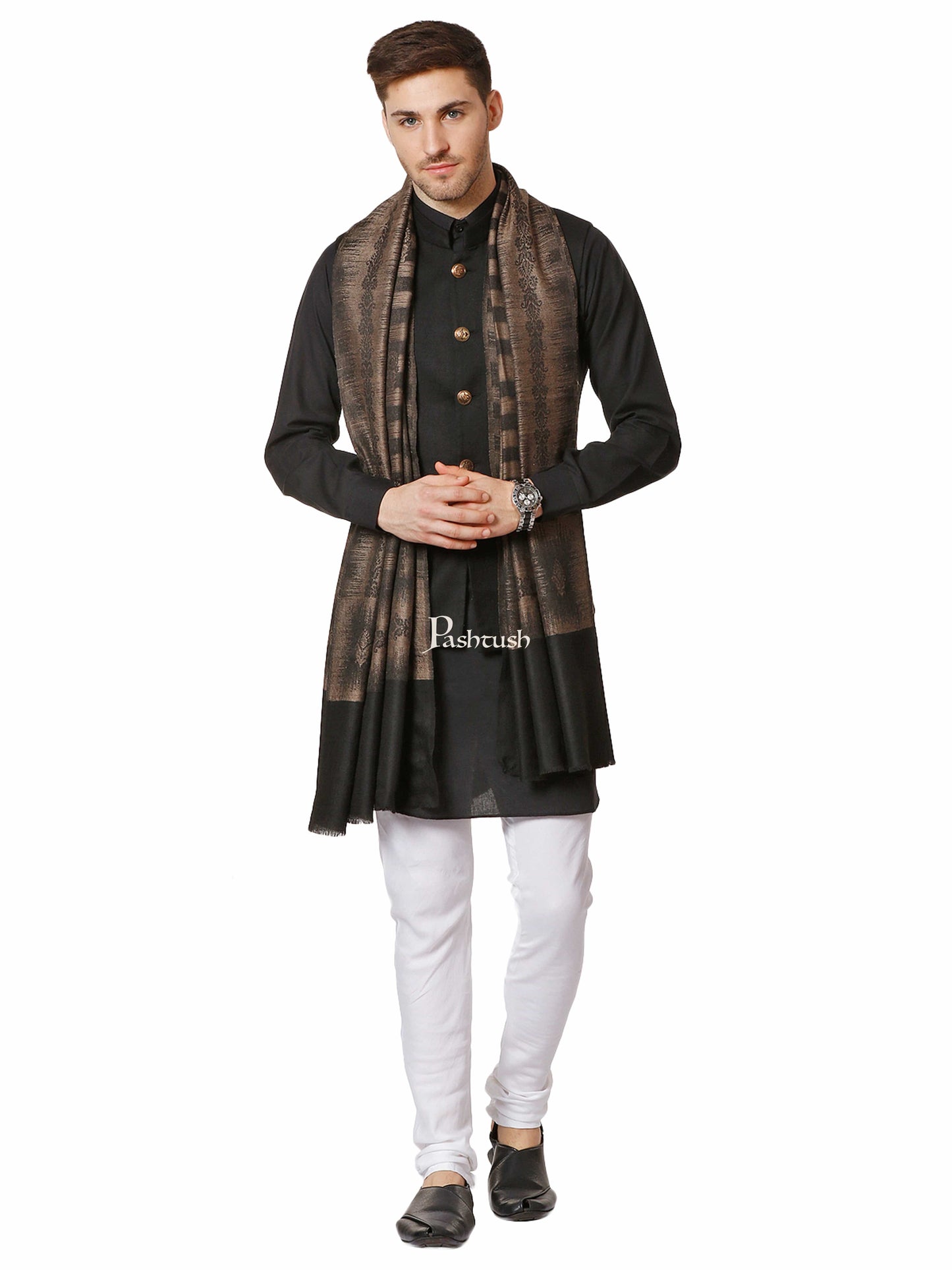Pashtush India Gift Pack Pashtush His And Her Gift Set Of Ikkat Design Fine Wool Stoles With Premium Gift Box Packaging, Black and Maroon