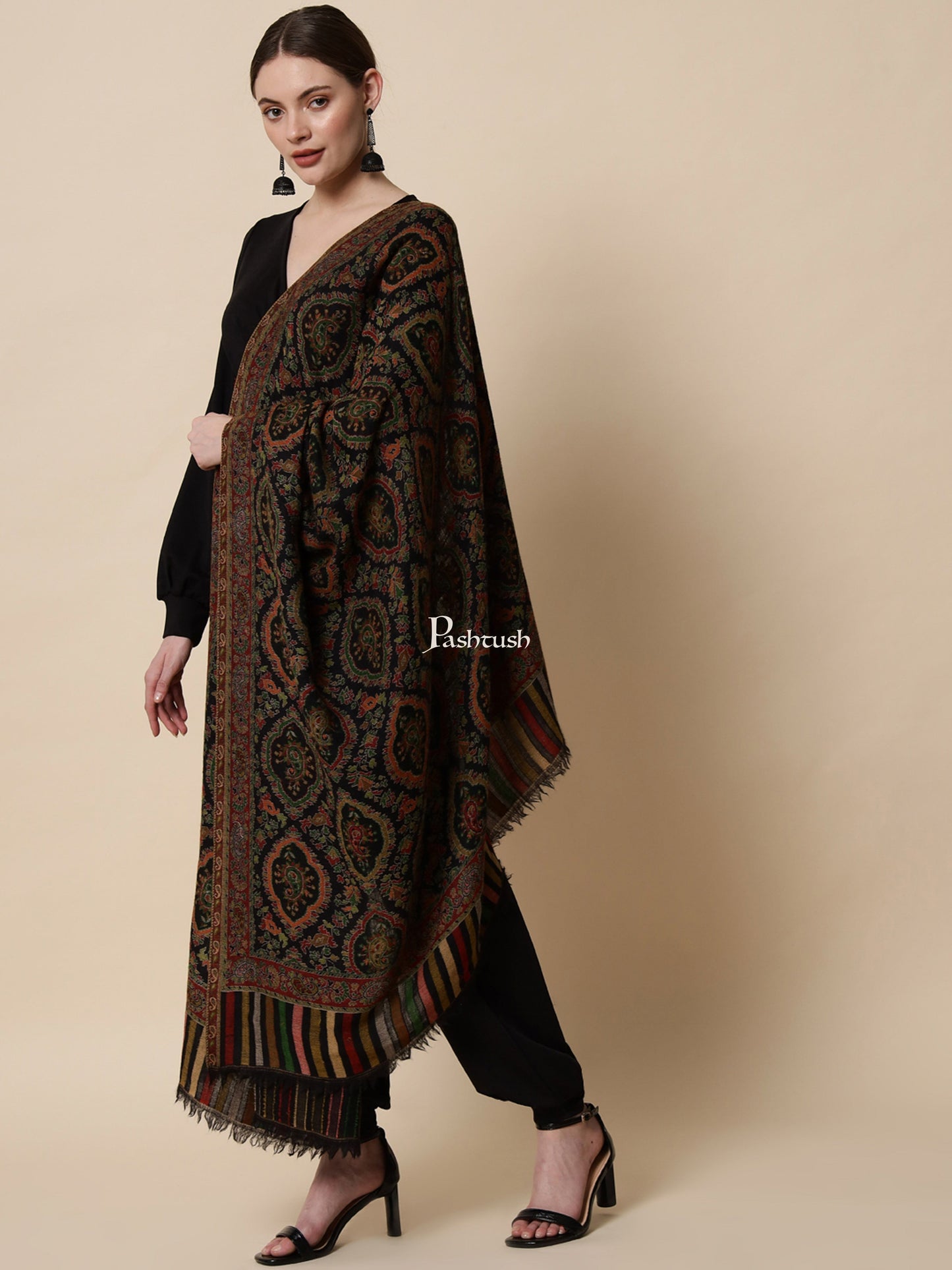 Pashtush India Gift Pack Pashtush His And Her Gift Set Of Pure Wool Reversible Stole And Extra Fine Ethnic Shawl With Wooden Chester Box, Multicolour