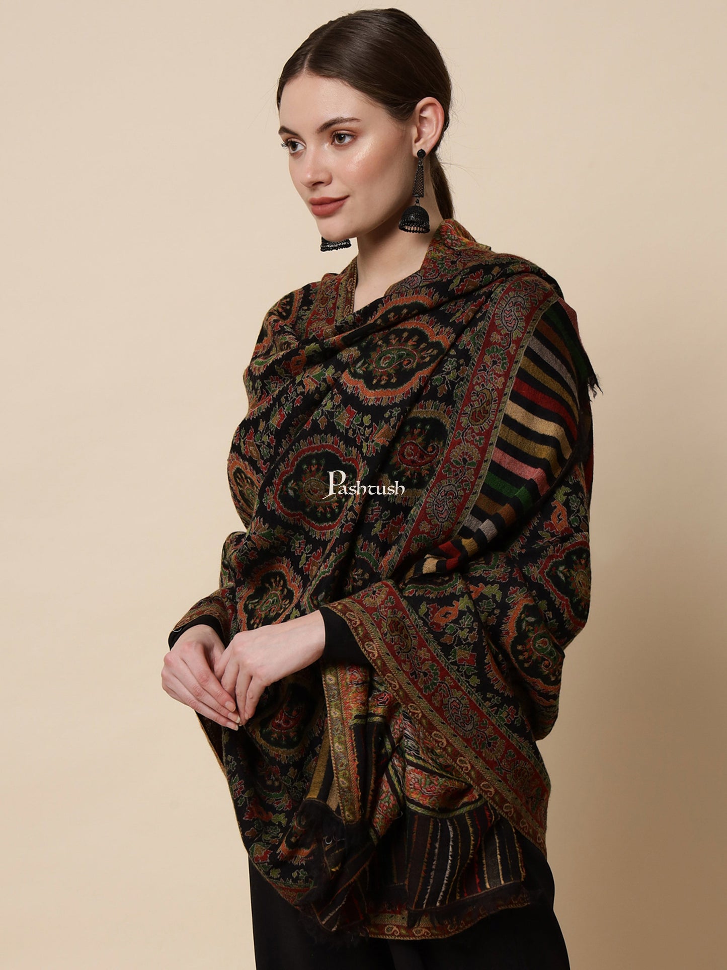 Pashtush India Gift Pack Pashtush His And Her Gift Set Of Pure Wool Reversible Stole And Extra Fine Ethnic Shawl With Wooden Chester Box, Multicolour