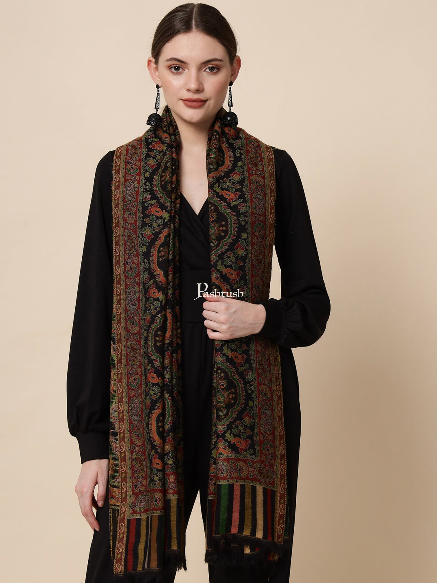 Pashtush India Gift Pack Pashtush His And Her Gift Set Of Pure Wool Reversible Stole And Extra Fine Ethnic Shawl With Wooden Chester Box, Multicolour