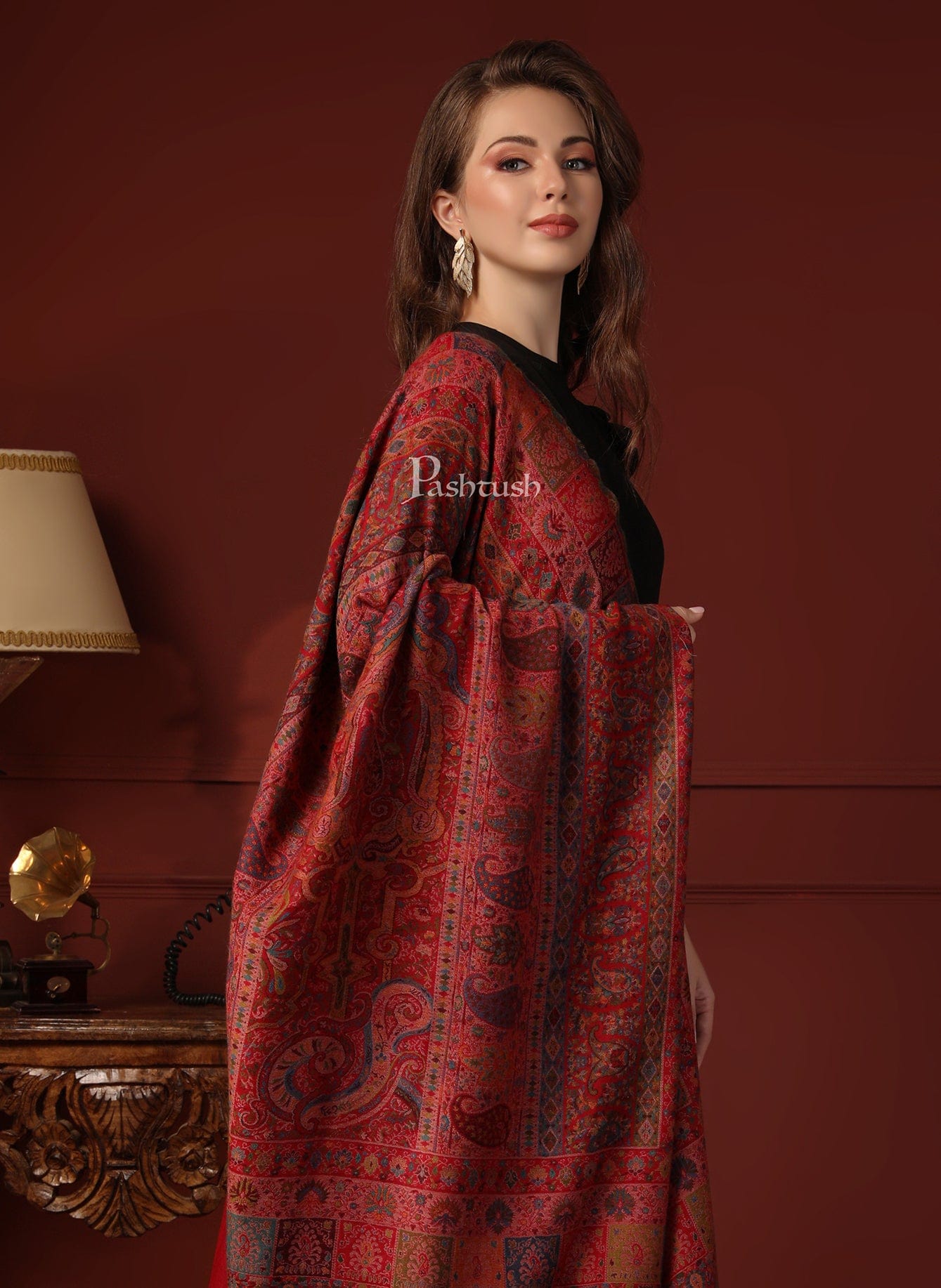 Pashtush India Gift Pack Pashtush His And Her Gift Set Of Pure Wool Stole and Shawl With Wooden Chester Box, Multicolour and Red
