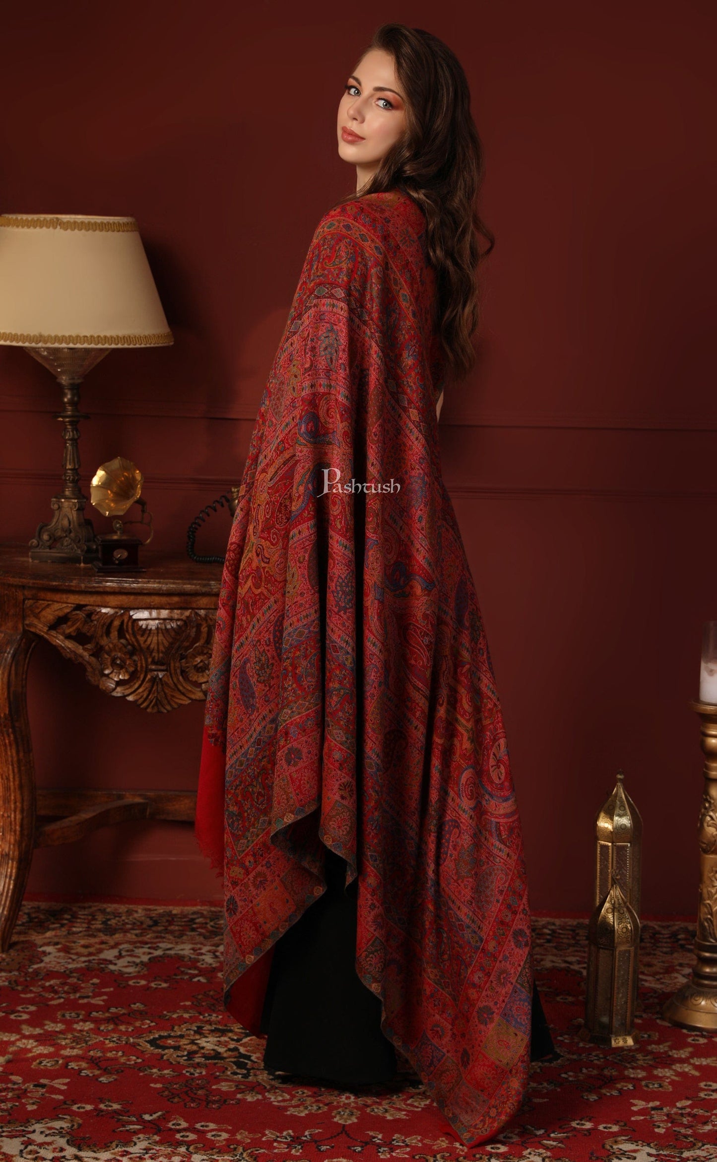 Pashtush India Gift Pack Pashtush His And Her Gift Set Of Pure Wool Stole and Shawl With Wooden Chester Box, Multicolour and Red