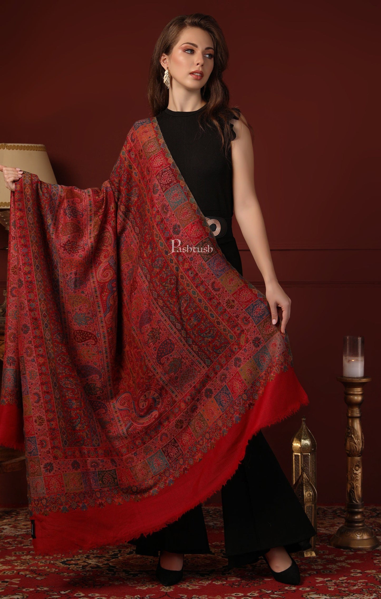 Pashtush India Gift Pack Pashtush His And Her Gift Set Of Pure Wool Stole and Shawl With Wooden Chester Box, Multicolour and Red