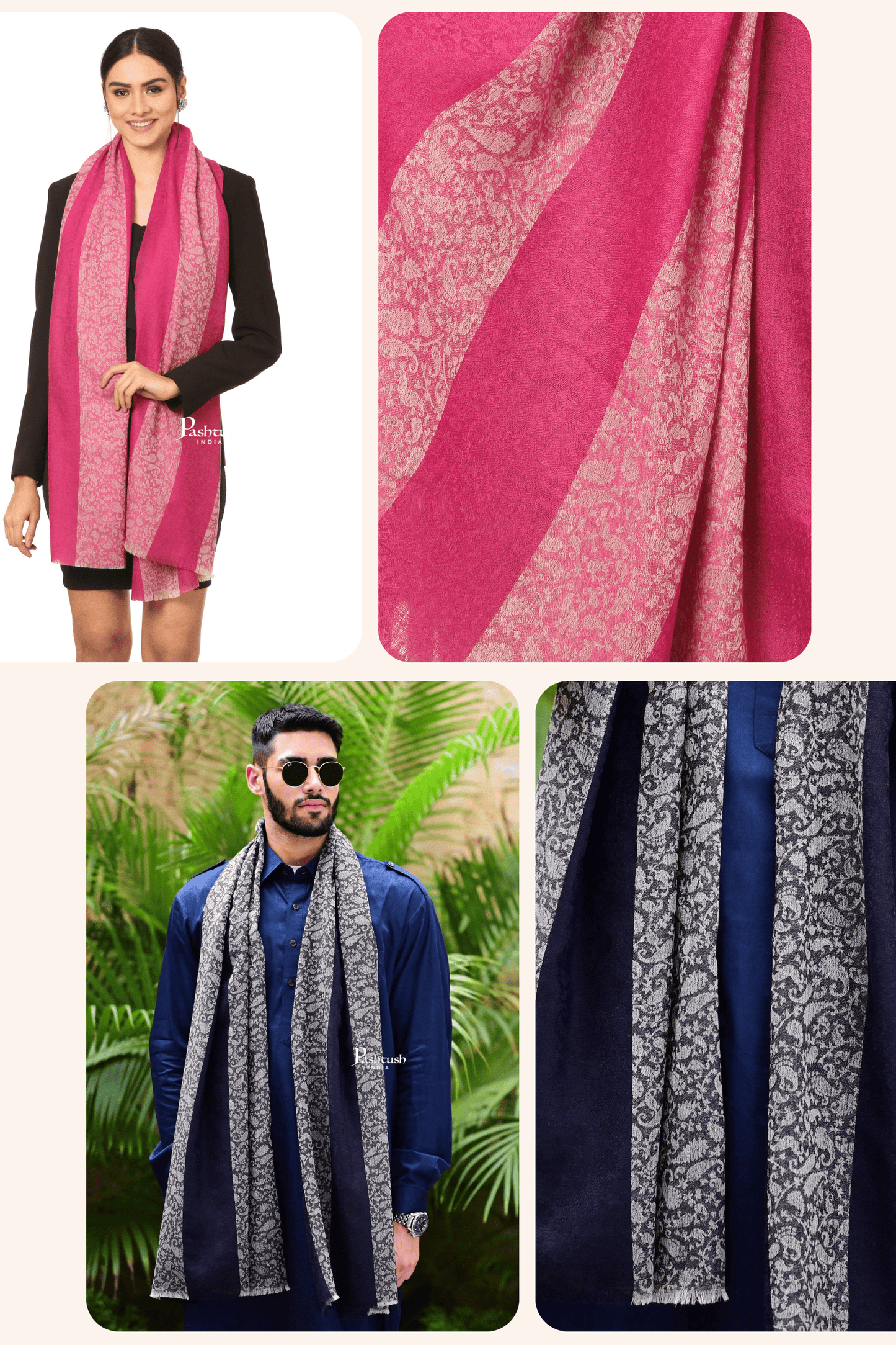 Pashtush India Gift Pack Pashtush His And Her Gift Set Of Striped Design Stoles With Premium Gift Box Packaging, Navy Blue and Pink