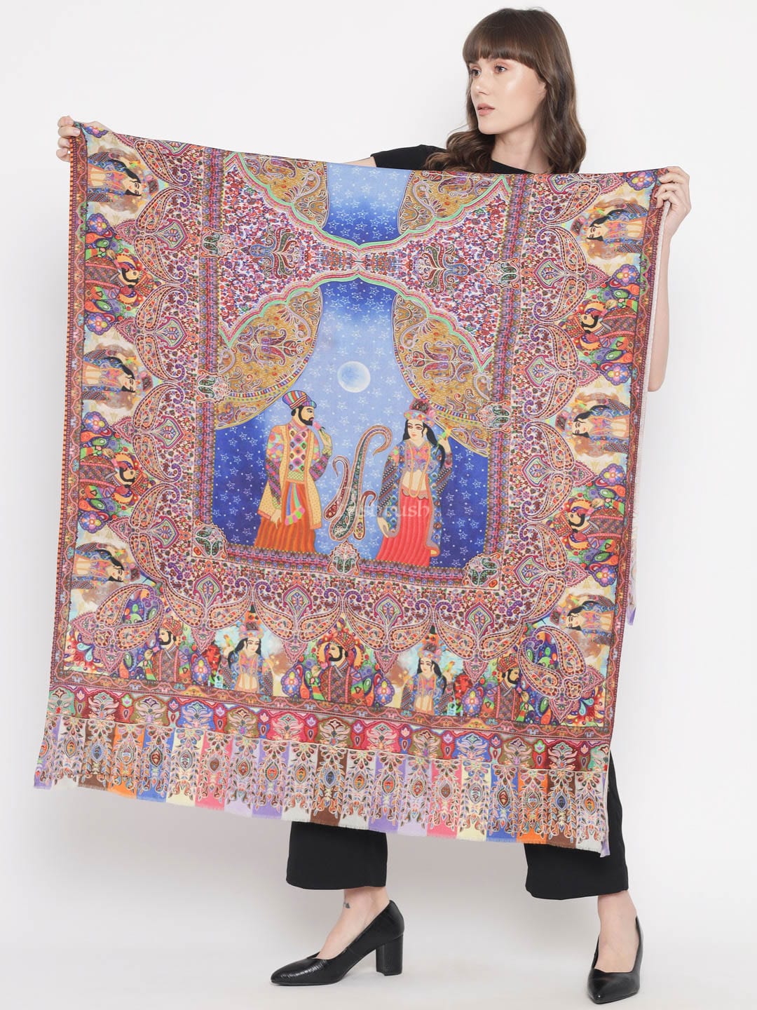 Pashtush India Gift Pack Pashtush His And Her Set Of 100% Pure Wool Printed Stole and Shawl With Wooden Chester Box, Multicolour