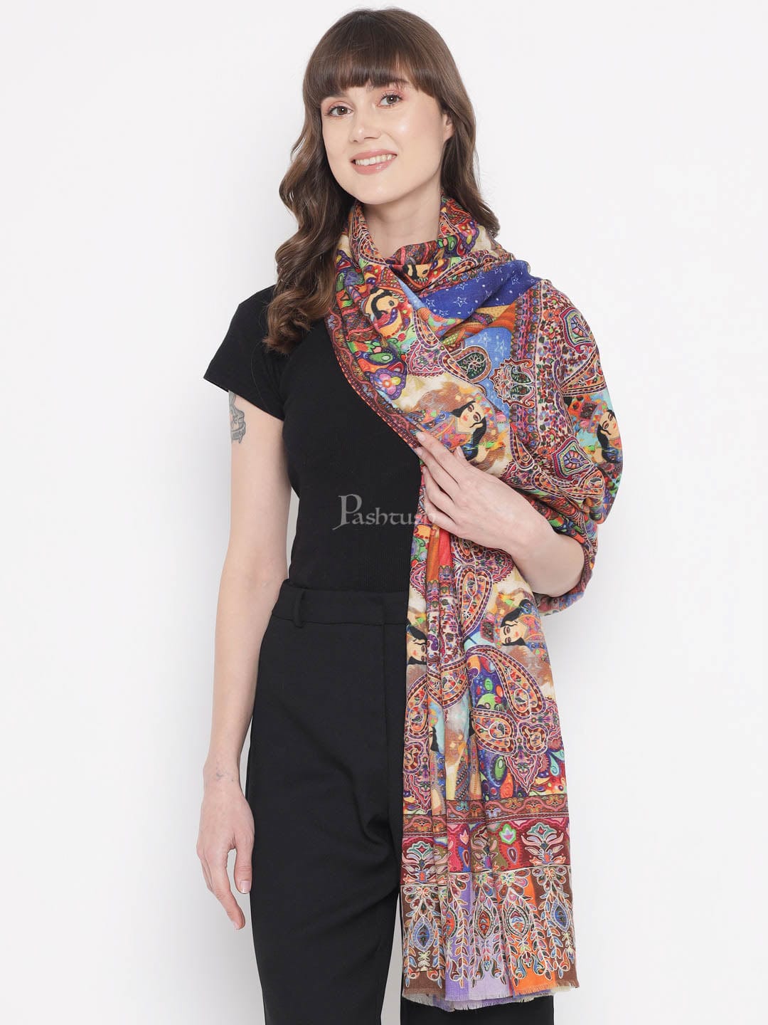 Pashtush India Gift Pack Pashtush His And Her Set Of 100% Pure Wool Printed Stole and Shawl With Wooden Chester Box, Multicolour