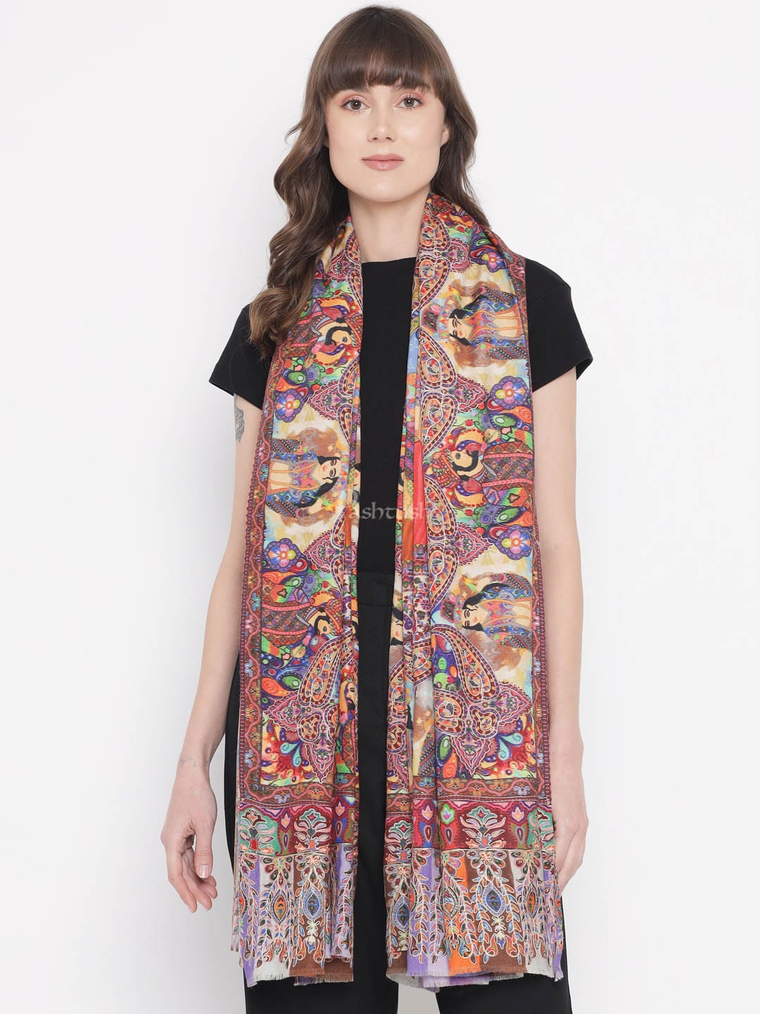 Pashtush India Gift Pack Pashtush His And Her Set Of 100% Pure Wool Printed Stole and Shawl With Wooden Chester Box, Multicolour
