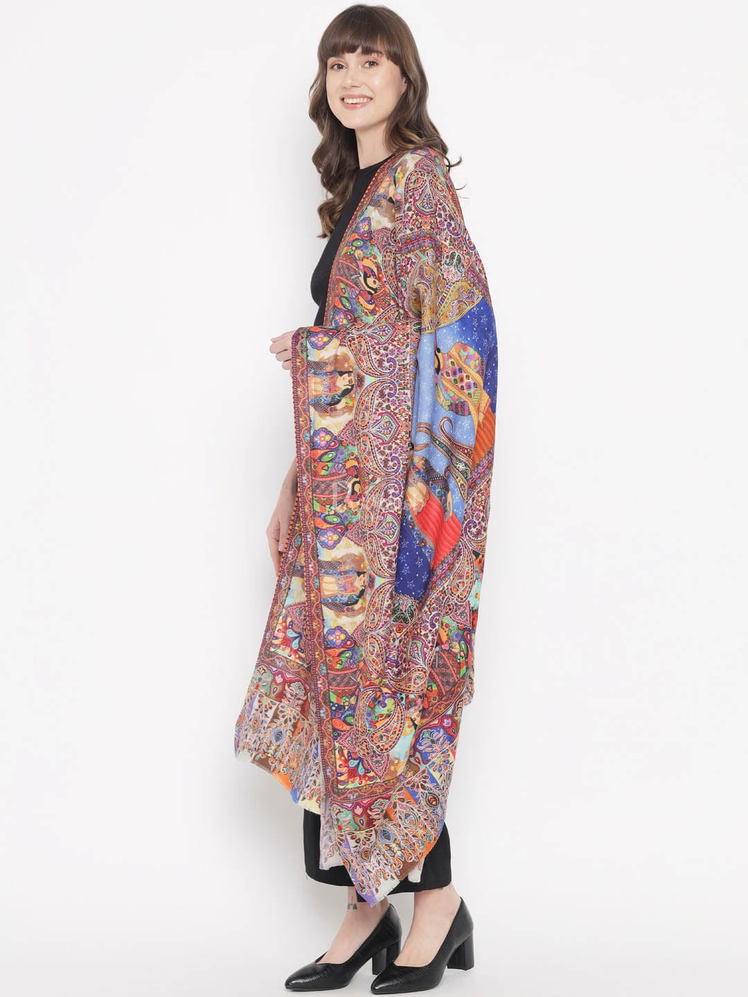 Pashtush India Gift Pack Pashtush His And Her Set Of 100% Pure Wool Printed Stole and Shawl With Wooden Chester Box, Multicolour