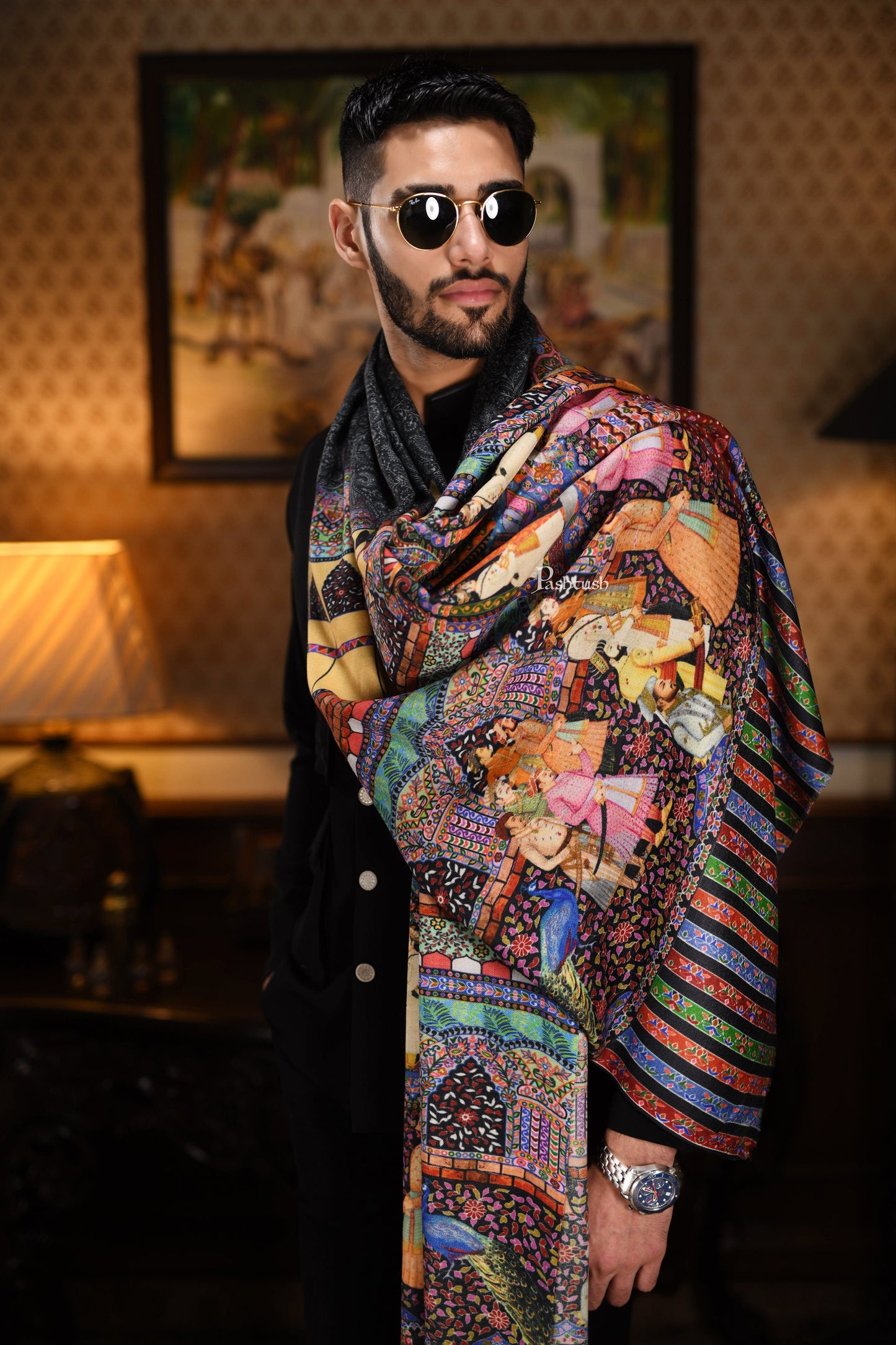 Pashtush India Gift Pack Pashtush His And Her Set Of 100% Pure Wool Printed Stole and Shikaardar Shawl With Wooden Chester Box, Multicolour and Red