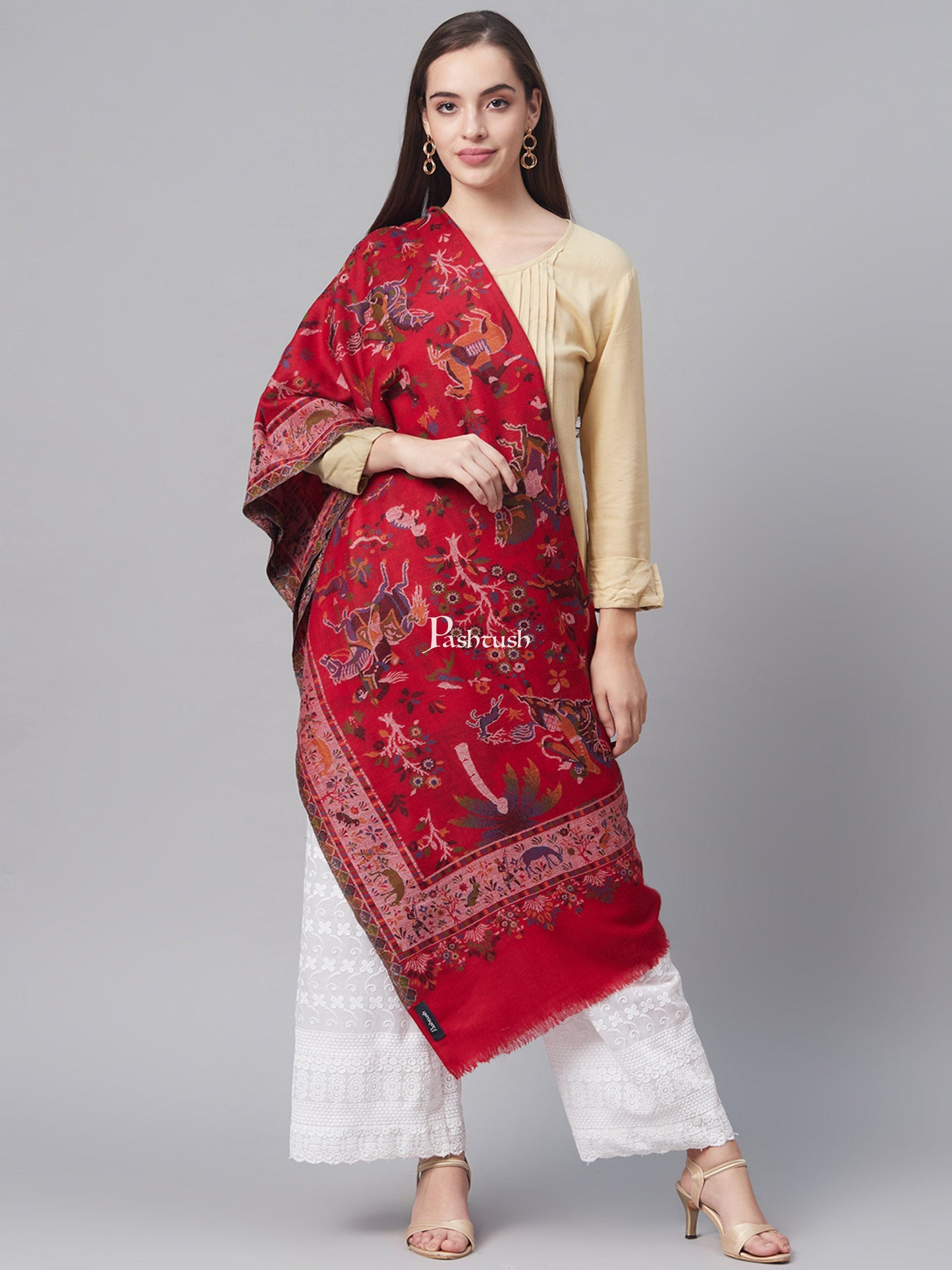 Pashtush India Gift Pack Pashtush His And Her Set Of 100% Pure Wool Printed Stole and Shikaardar Shawl With Wooden Chester Box, Multicolour and Red