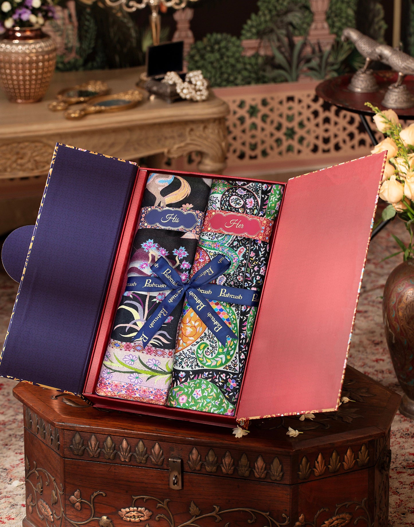 Pashtush India Gift Pack Pashtush His And Her Set Of Bamboo Stoles, Premium Gift Box Packaging, Black and Multicolour
