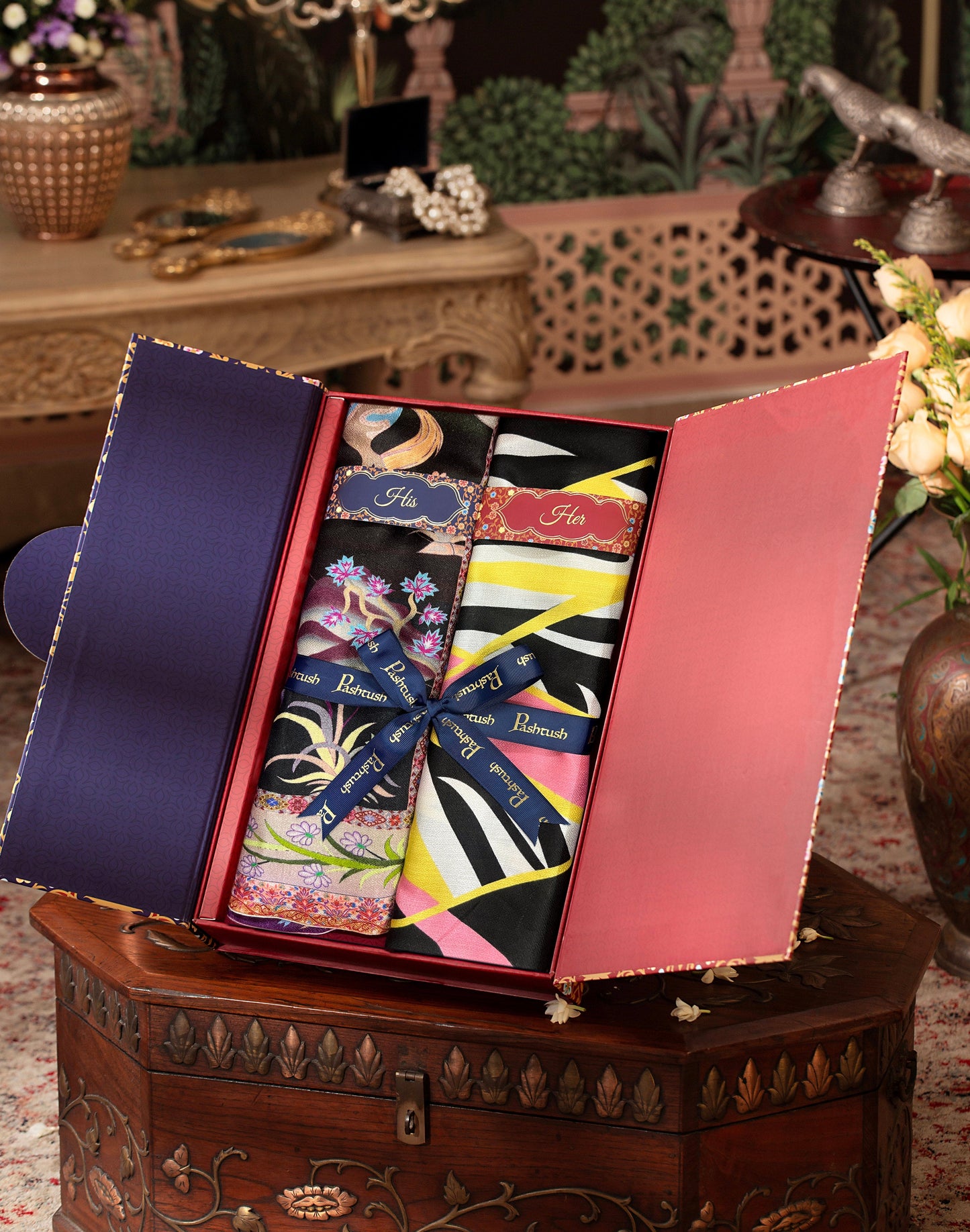 Pashtush India Gift Pack Pashtush His And Her Set Of Bamboo Stoles, Premium Gift Box Packaging, Black and Multicolour