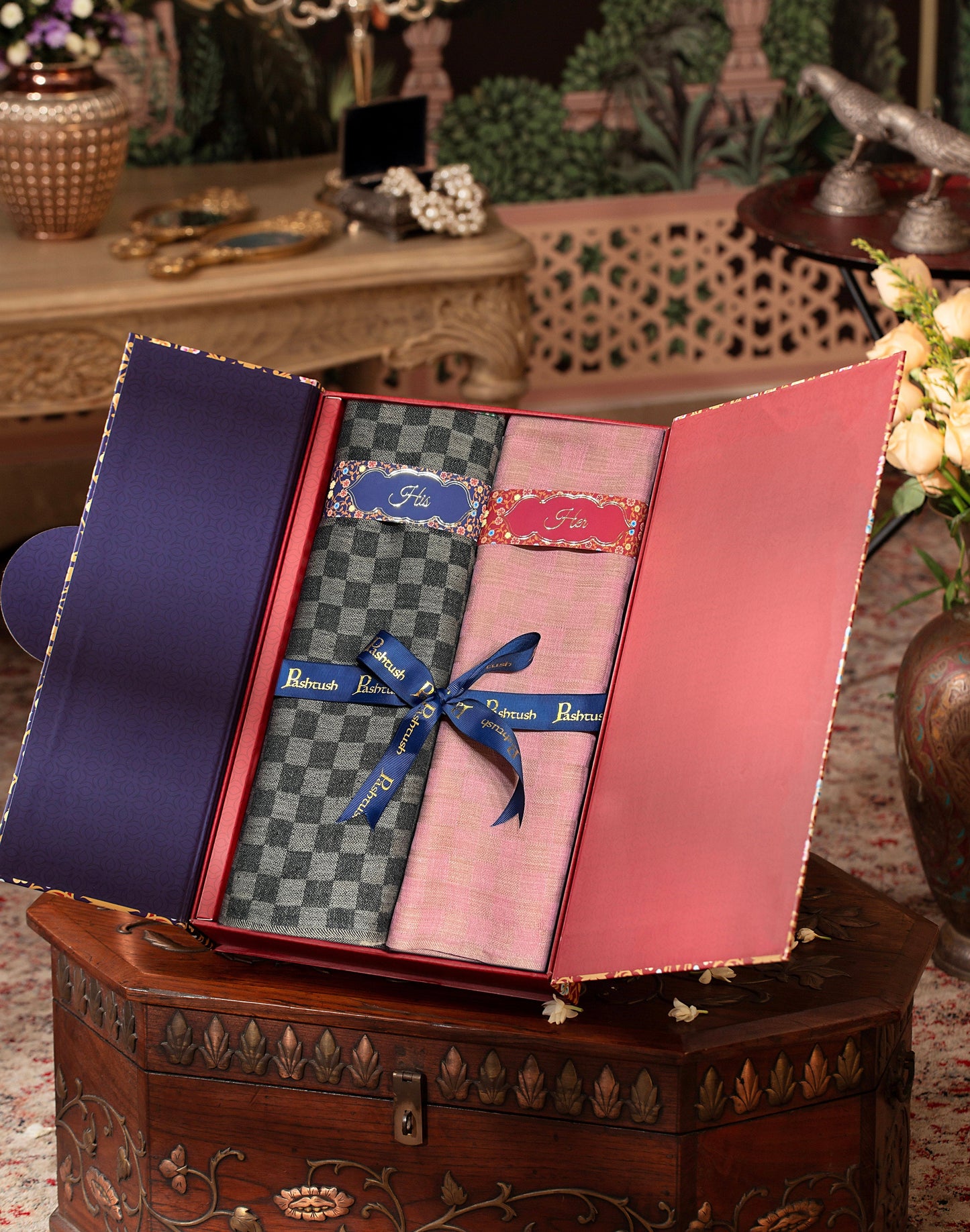 Pashtush India Gift Pack Pashtush His And Her Set Of Fine Wool Checkerd Stoles, Premium Gift Box Packaging, Black & Powder Pink