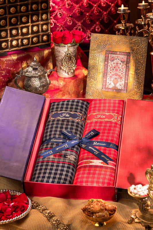 Pashtush India Gift Pack Pashtush His And Her Set Of Fine Wool Checkered Stole and Shawl With Premium Gift Box Packaging, Black and Red