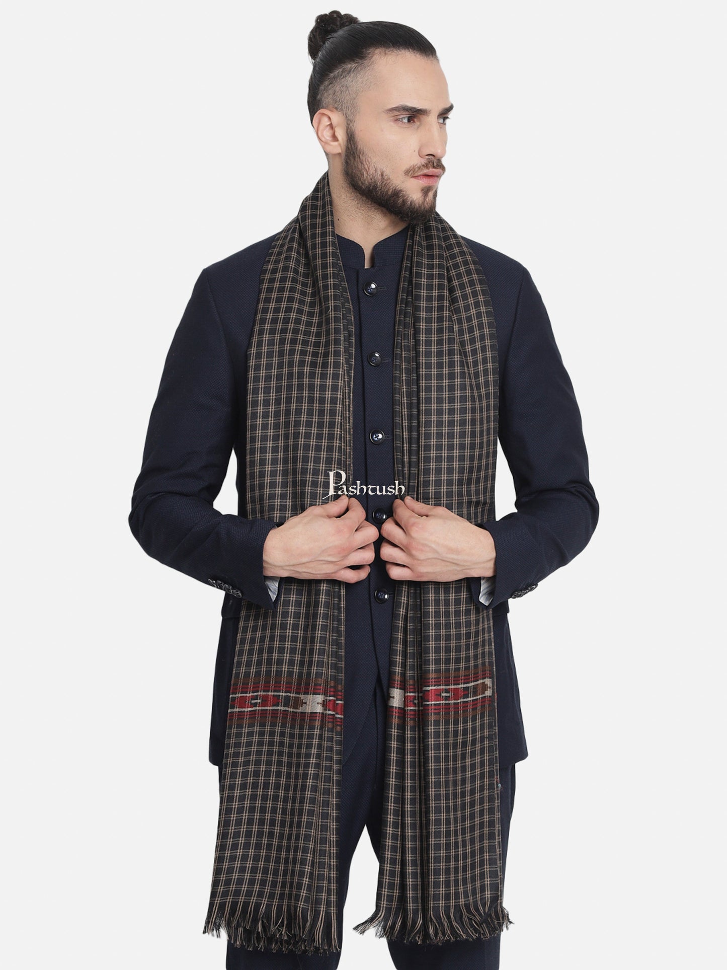 Pashtush India Gift Pack Pashtush His And Her Set Of Fine Wool Checkered Stole and Shawl With Premium Gift Box Packaging, Black and Red