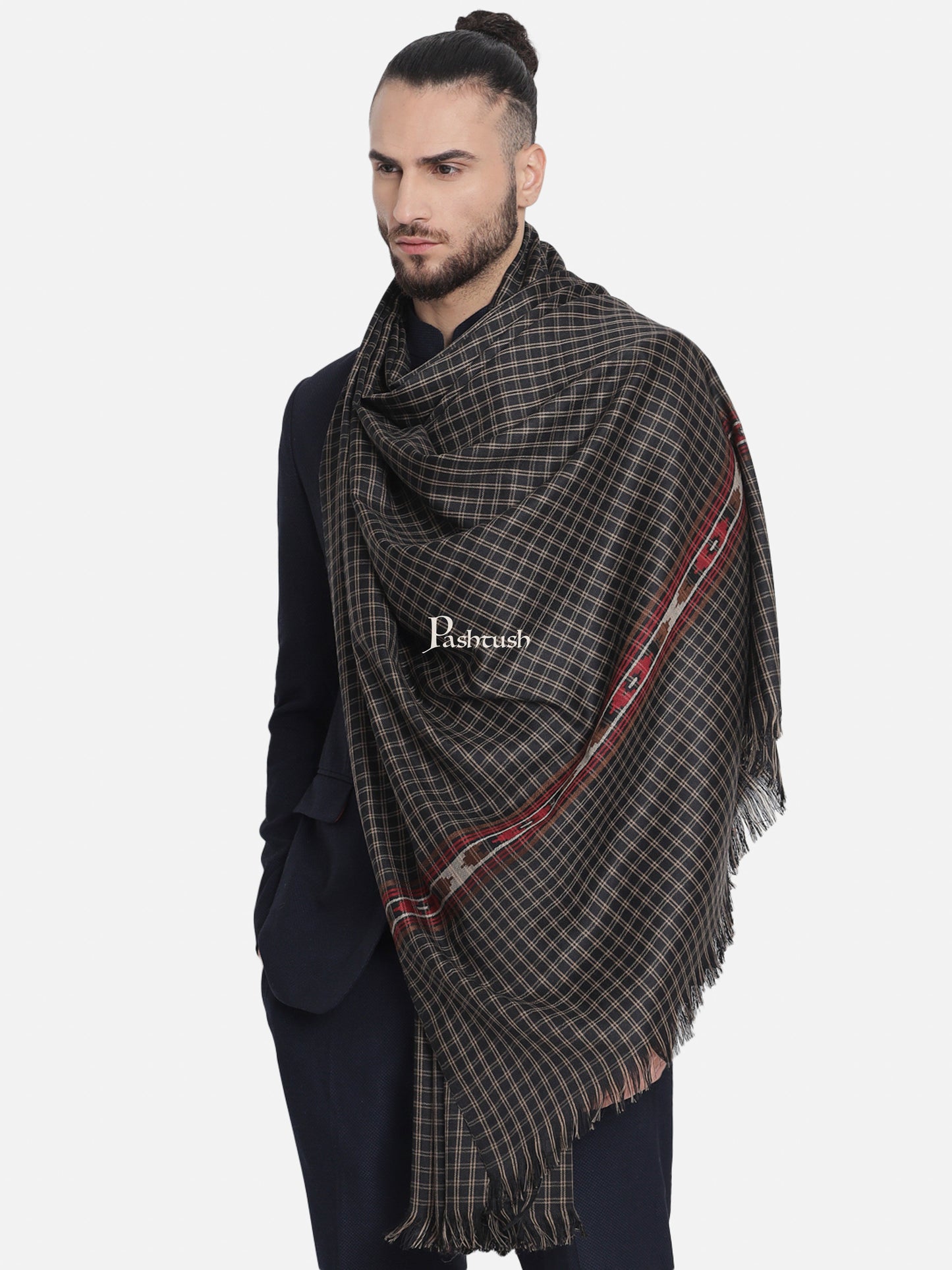 Pashtush India Gift Pack Pashtush His And Her Set Of Fine Wool Checkered Stole and Shawl With Premium Gift Box Packaging, Black and Red