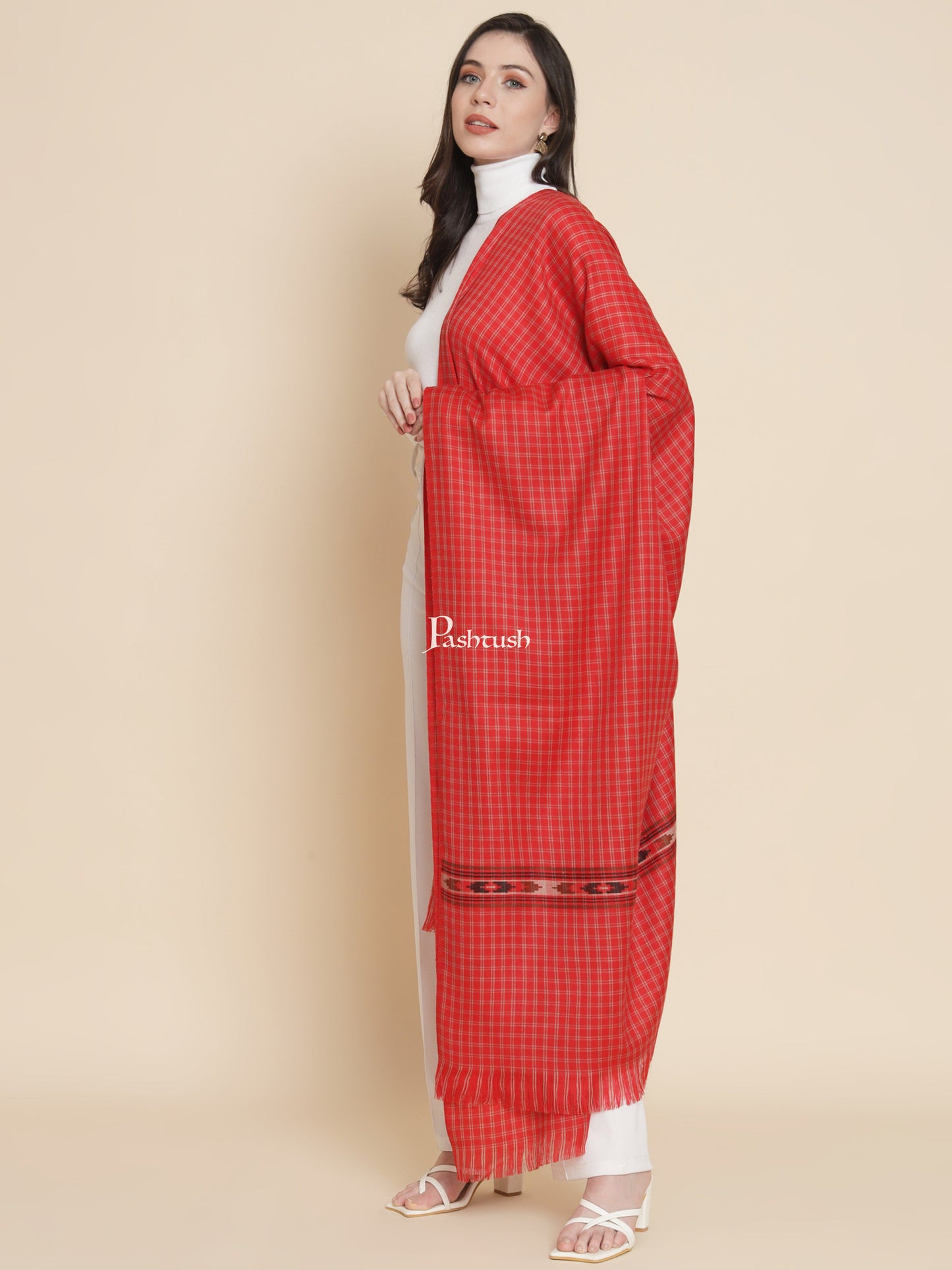 Pashtush India Gift Pack Pashtush His And Her Set Of Fine Wool Checkered Stole and Shawl With Premium Gift Box Packaging, Black and Red