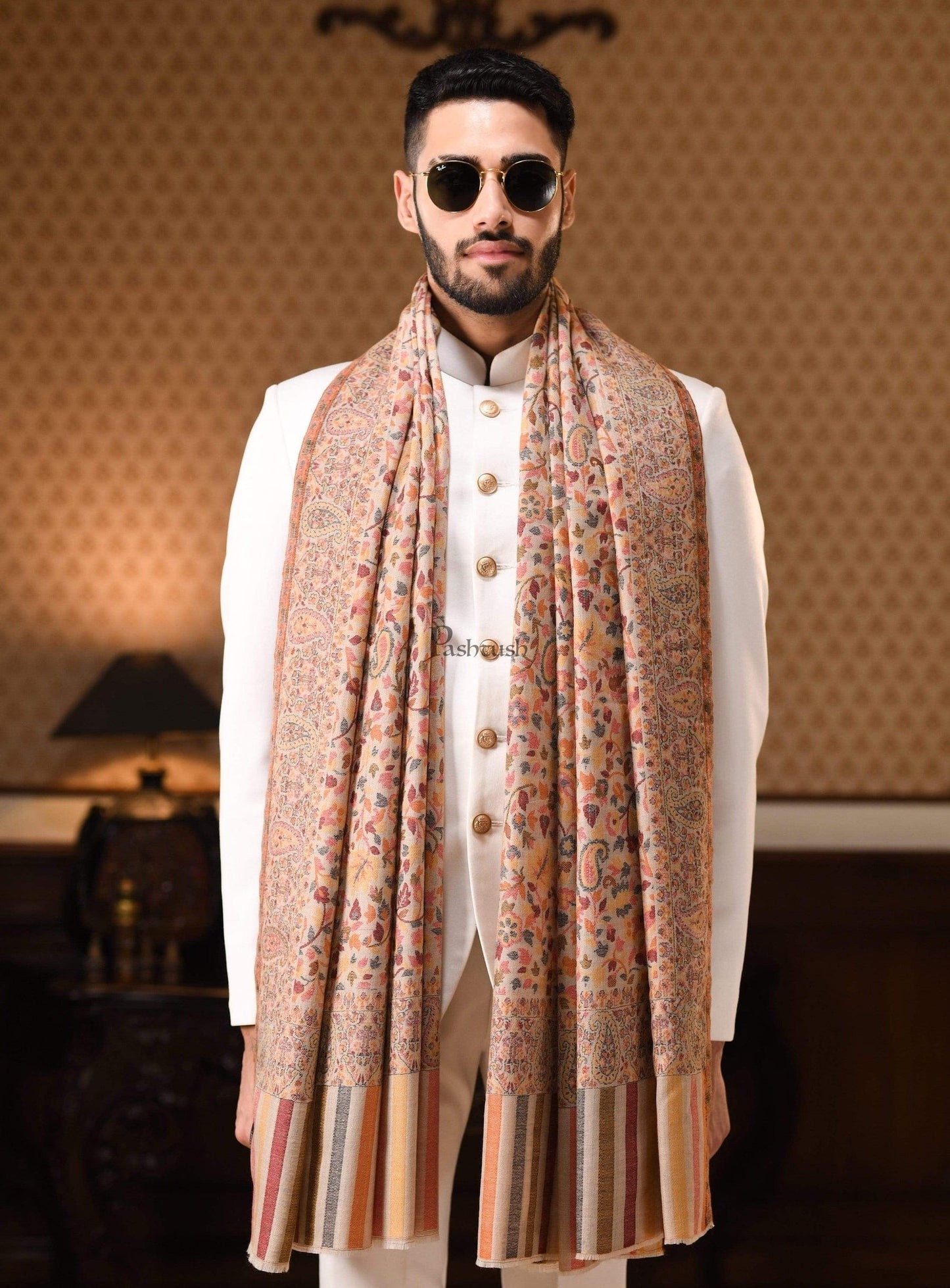 Pashtush India Gift Pack Pashtush His and Her set of Fine Wool Mens Stole and Womens Twilight Shawl, Premium Gift Box, Beige and Multicolour