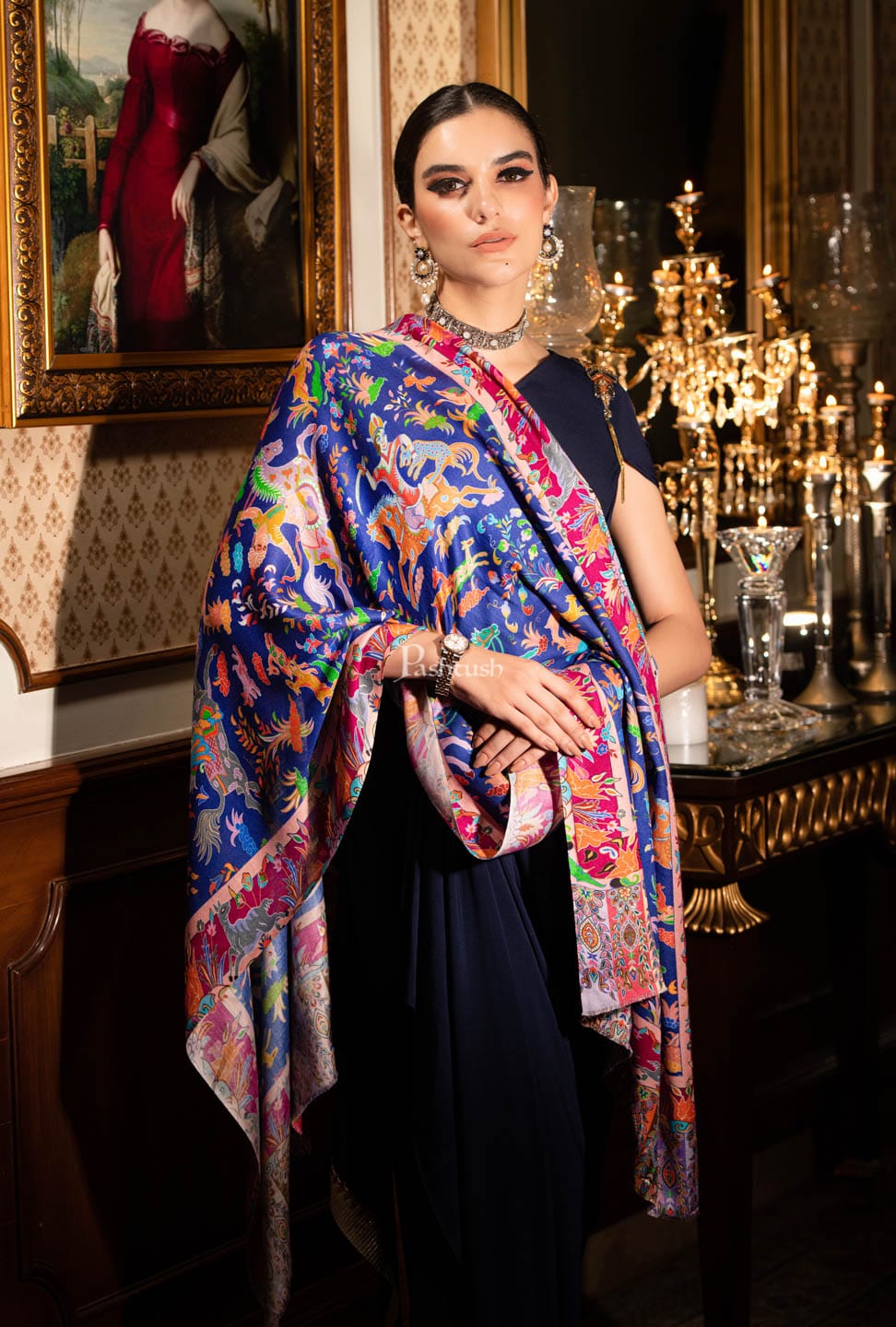 Pashtush India Gift Pack Pashtush His And Her Set Of Fine Wool Stole and Womens Shikardar Stole, Premium Gift Box Packaging, Black & Multicolour