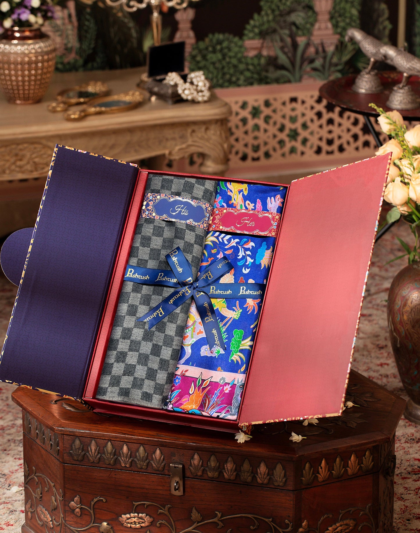 Pashtush India Gift Pack Pashtush His And Her Set Of Fine Wool Stole and Womens Shikardar Stole, Premium Gift Box Packaging, Black & Multicolour