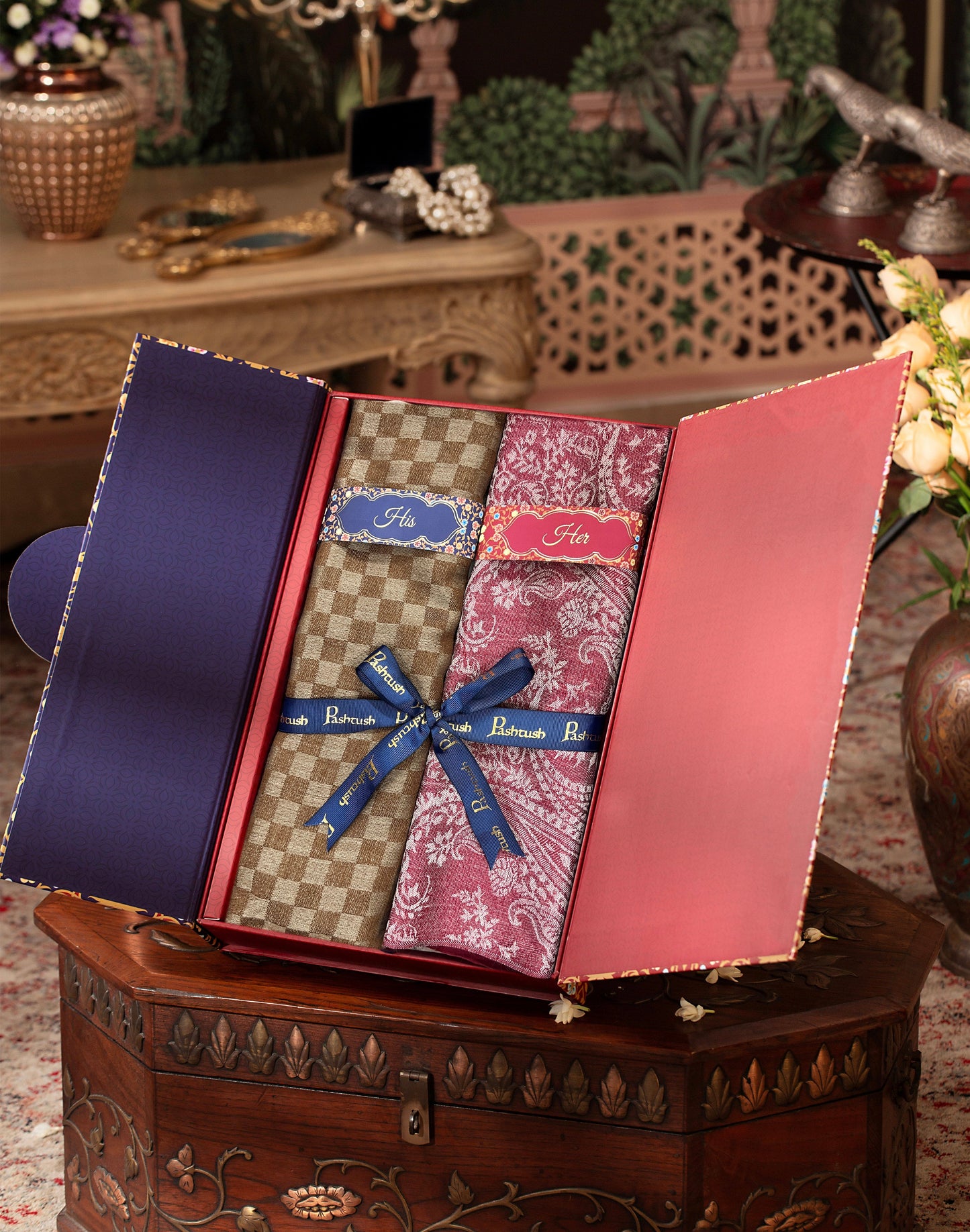 Pashtush India Gift Pack Pashtush His And Her Set Of Fine Wool Stoles, Premium Gift Box Packaging, Beige and Pink
