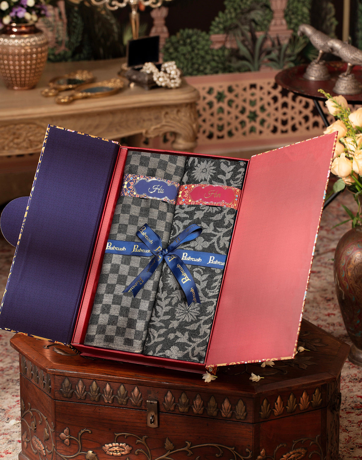 Pashtush India Gift Pack Pashtush His And Her Set Of Fine Wool Stoles, Premium Gift Box Packaging, Black