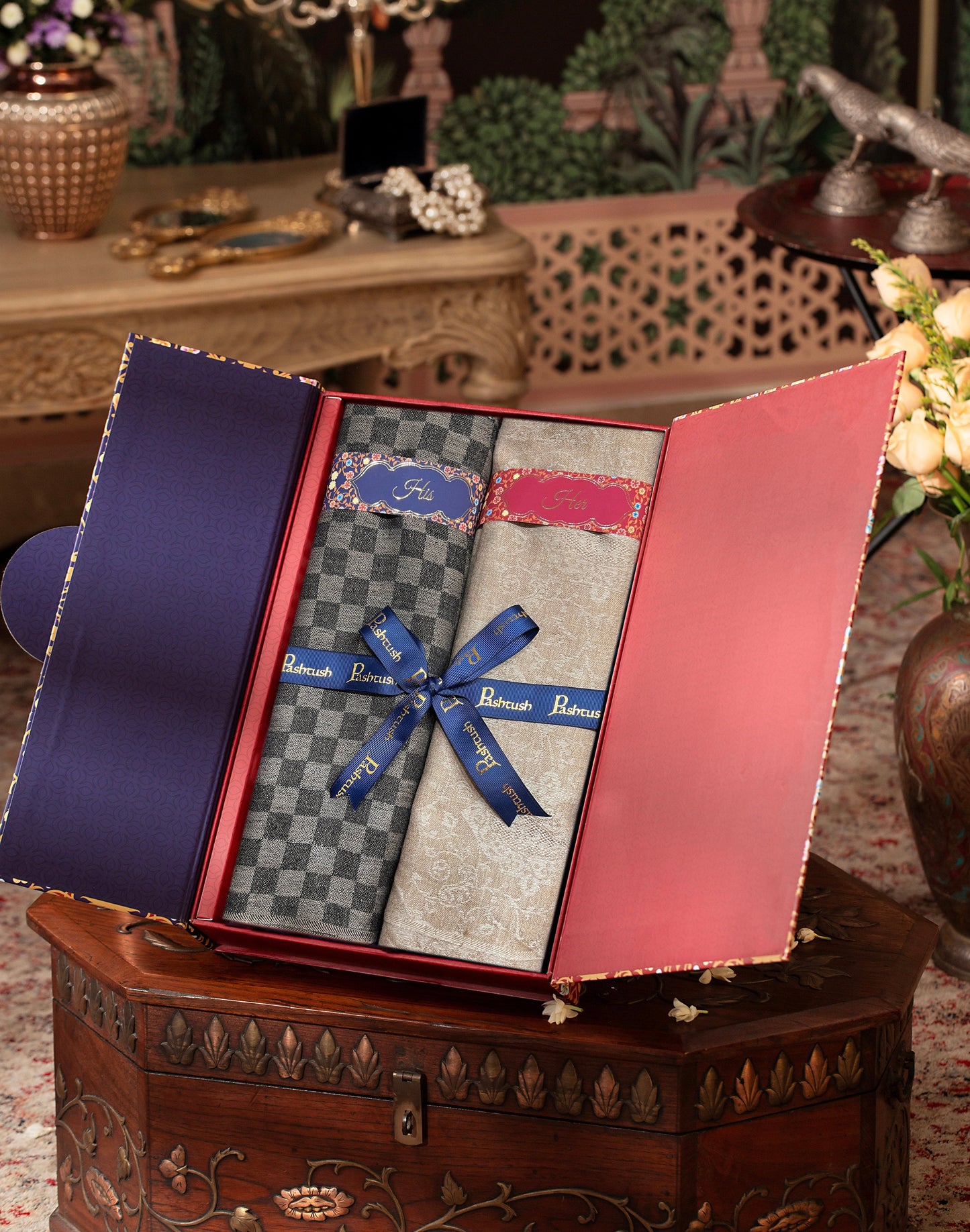 Pashtush India Gift Pack Pashtush His And Her Set Of Fine Wool Stoles, Premium Gift Box Packaging, Black & Beige