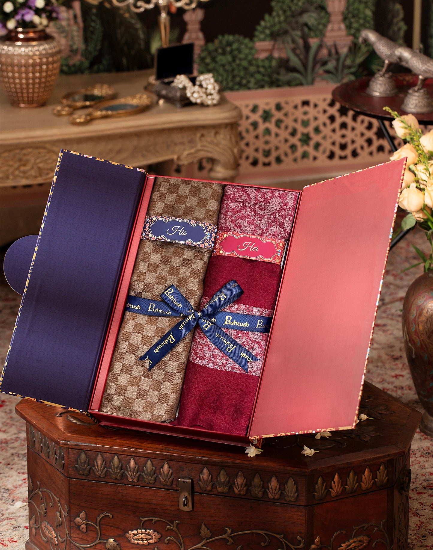 Pashtush India Gift Pack Pashtush His And Her Set Of Fine Wool Stoles, Premium Gift Box Packaging, Coffee and Maroon