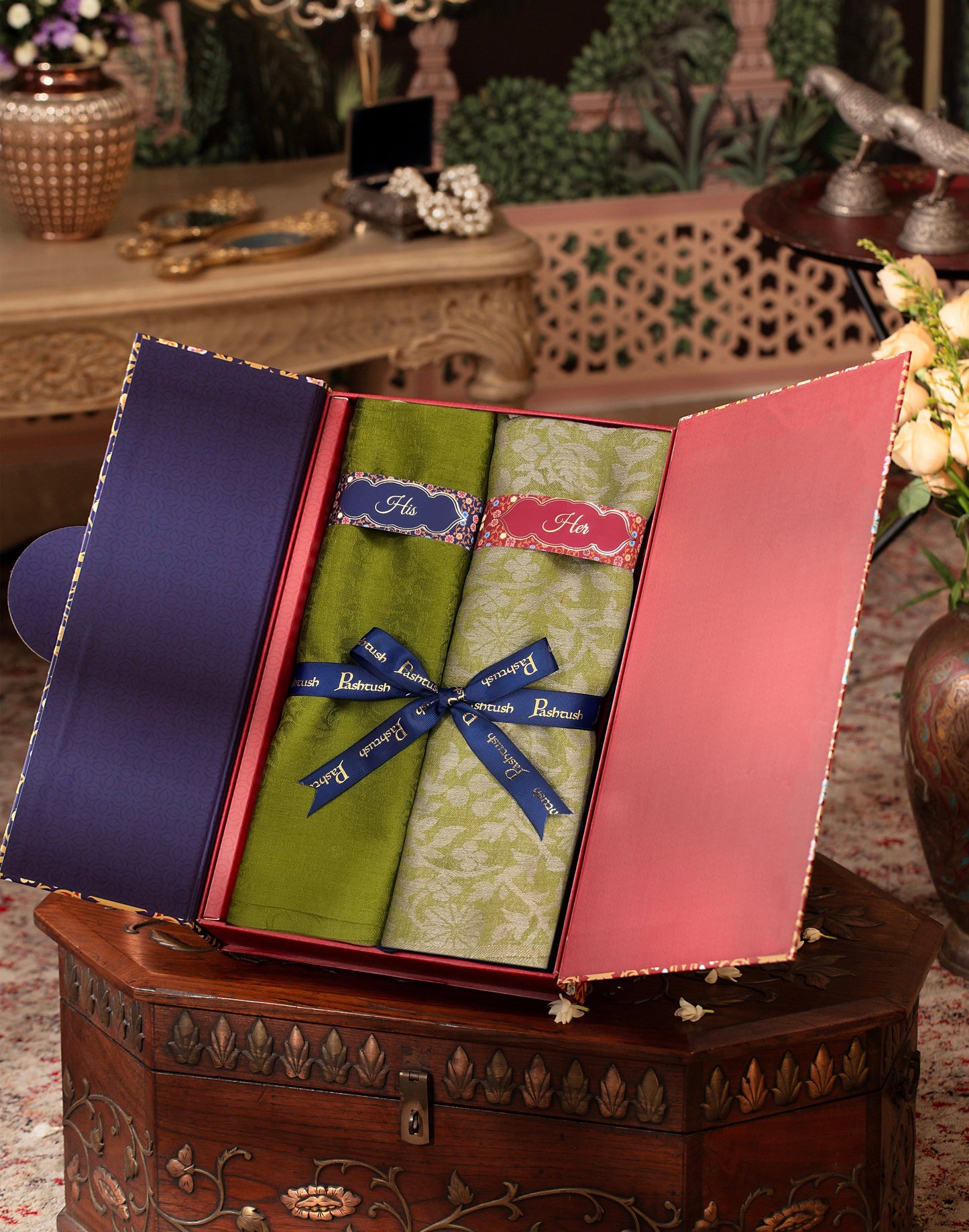 Pashtush India Gift Pack Pashtush His And Her Set Of Fine Wool Stoles, Premium Gift Box Packaging, Emerald Green